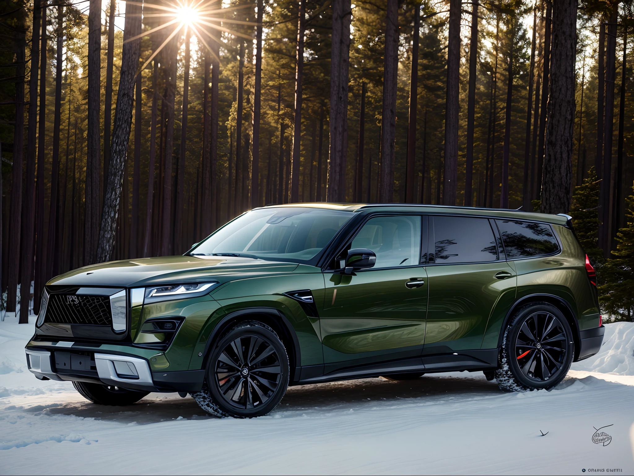 SUV，All-in-one medium grid，  tmasterpiece， Best quality at best， high qulity， realistic scene， A high resolution， Sharp， on focus， 4K， Very detailed， forest backgrou，Excellent image quality，The body line is tough。Straight waistline。lots of trees around，earthy。