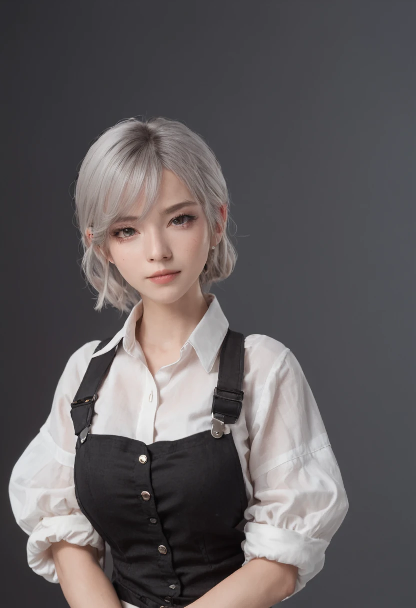 [[[white background]]], [simple background],masterpiece, a girl, complex cloth, arms at sides, [upright], virtual youtuber, [[blush]], concept art, solo, 1girl, cowboy shot, full body, looking at viewer, ,[[barista]]、,Y-shirt on black background, Black background is skinny, trouser,buttoning, Black clothes,,extremely delicate and beautiful girl, anime screen cap, well-muscled,20 years old, Short hair,[[Wolfhair]]、 If the bangs are the hair between the eyes, black and silver hair, Two-tone hair, beautiful detailed hair, Beautiful face, deadpan, Clear eyes, Mouth closed、 Delicate hands, Blue eyes, de pele branca, Beautiful accessories, Piercing, a necklace, boots,
