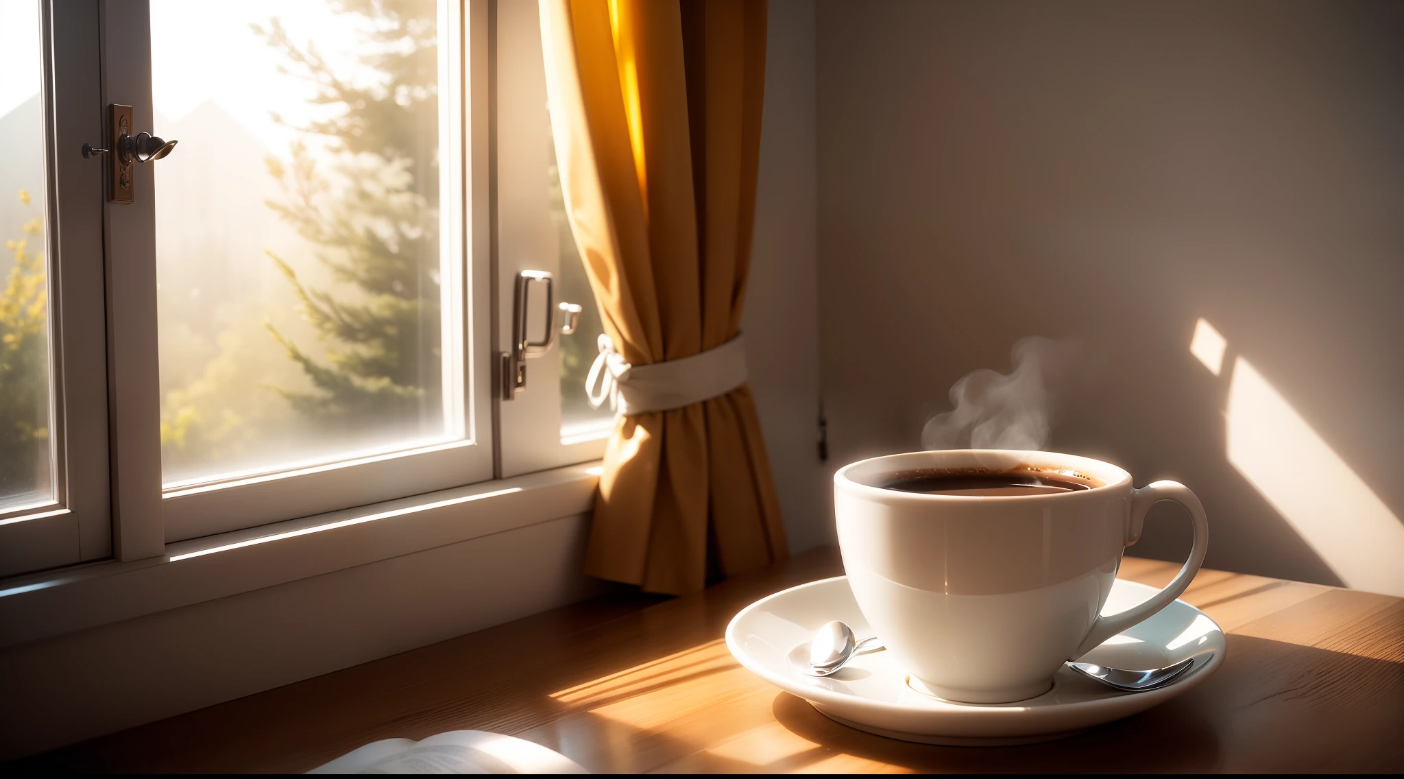 (good morning), soft sunlight streaming through the window, fresh cup of coffee, tranquil ambiance, cozy and warm atmosphere