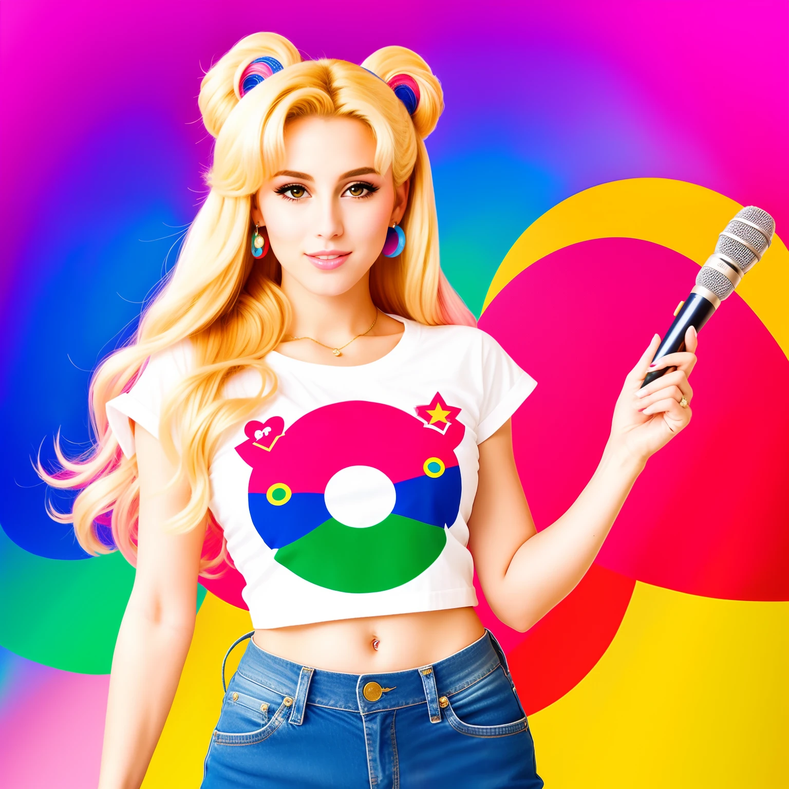 "(Mature and realistic portrayal:1.2) Sailor Moon exuding confidence as she holds a microphone, her blonde hair cascading down, adorned in stylish rainbow denim clothes from the 2000s, with a backdrop filled with donuts."