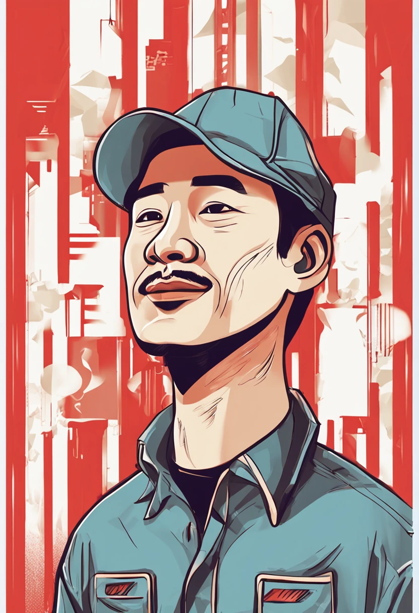 fundo vermelho,Asian man with pleasant expression,Wear a blue shirt and hat,Carry two large parcel boxes,Give a thumbs up to Amazon packages,high quality product,Vector illustration