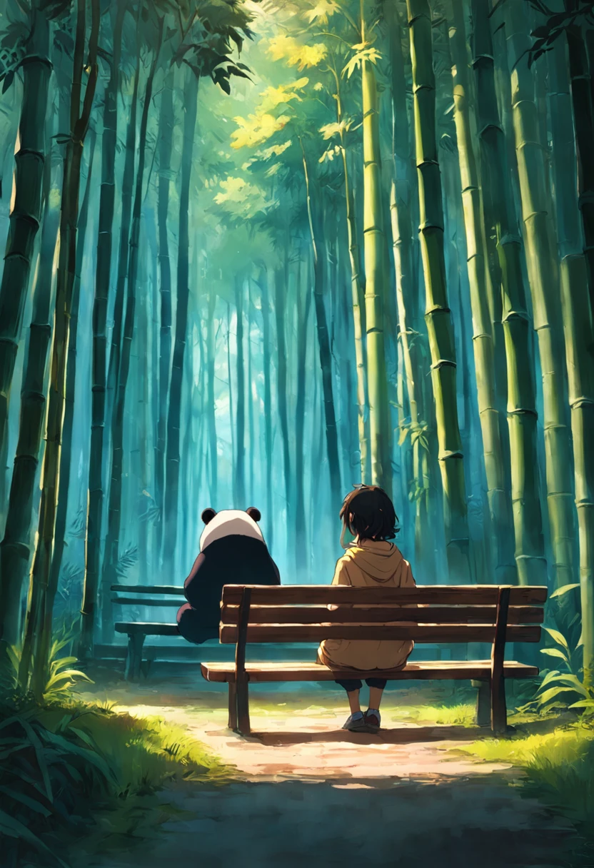 Panda sitting on a bench, Face away from the camera,shot from a far distance,tmasterpiece, best qualityer, cinematic Film still from, Soft lighting and warmth,bamboo forrest,Forrest Gump