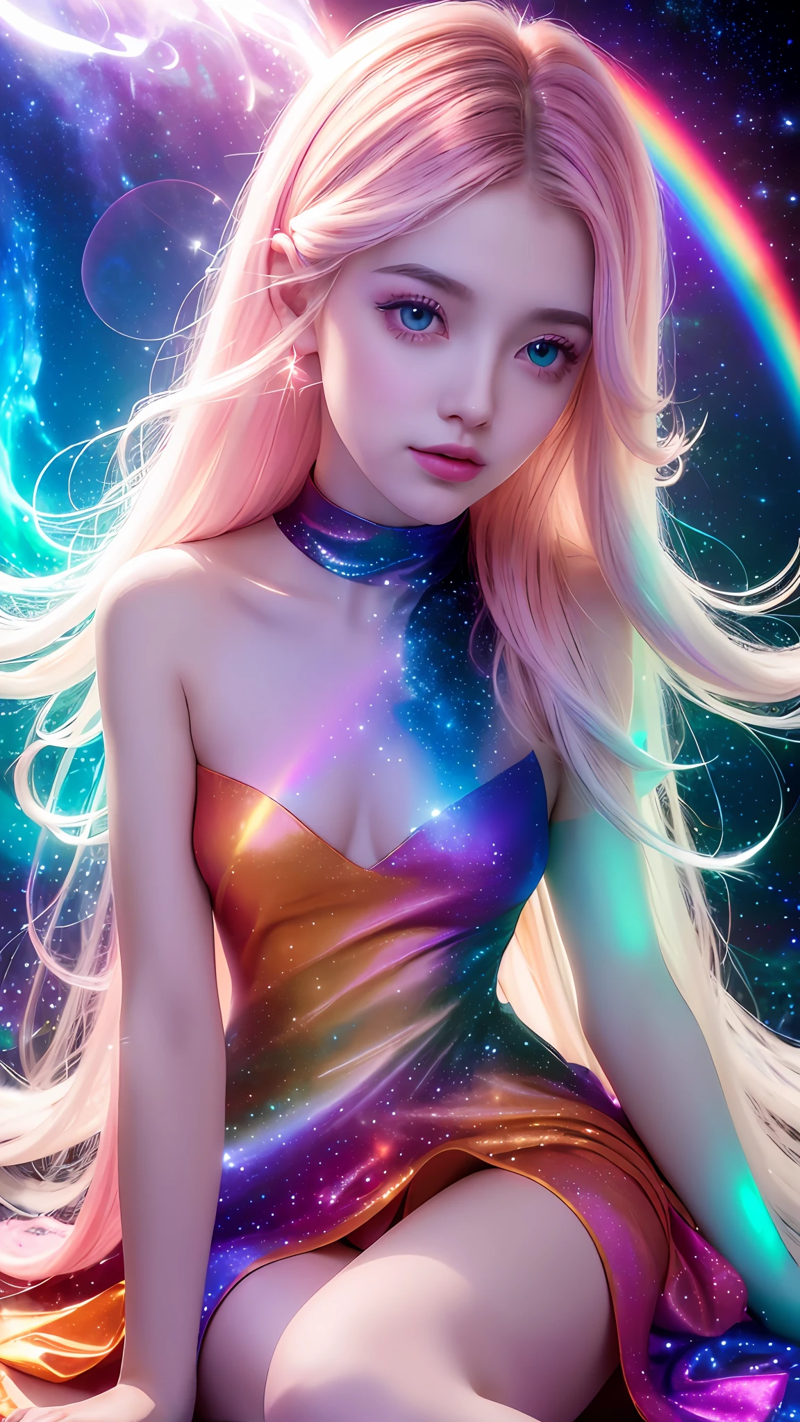 4K ultra hd, masterpiece, a girl with a magical aura, good face, long hair, shining hair, detailed eyes, glossy lips, wearing a dress in color orange, aura around the body, magical effects, spreading white and rainbow lights, Cosmic elements and ethereal atmosphere, A mix of bright lights and colorful nebulas, universe background, sitting, whole body capture.