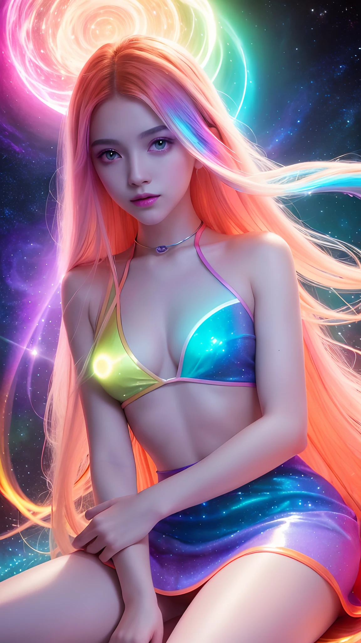 4K ultra hd, masterpiece, a girl with a magical aura, good face, long hair, shining hair, detailed eyes, glossy lips, wearing a dress in color orange, aura around the body, magical effects, spreading white and rainbow lights, Cosmic elements and ethereal atmosphere, A mix of bright lights and colorful nebulas, universe background, sitting, whole body capture.