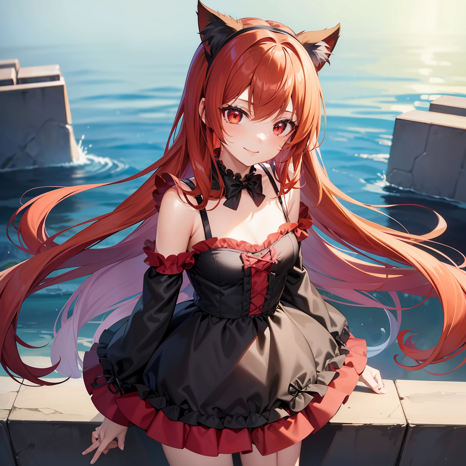 Anime filling,Two-dimensional illustration,Red hair,Half Twin Tail,shorth hair,Big eyes,A smile,a beauty girl,cute little,Super Cute,Black cat ears,Red Eyes,Ruffled Clothes,Black lace clothes,Inner colorGreen,One girl,Full body painting,A masterpiece of 2D art,(​masterpiece,Top image quality:1.3),(detaile:1.2),(女の子1人),swim wears