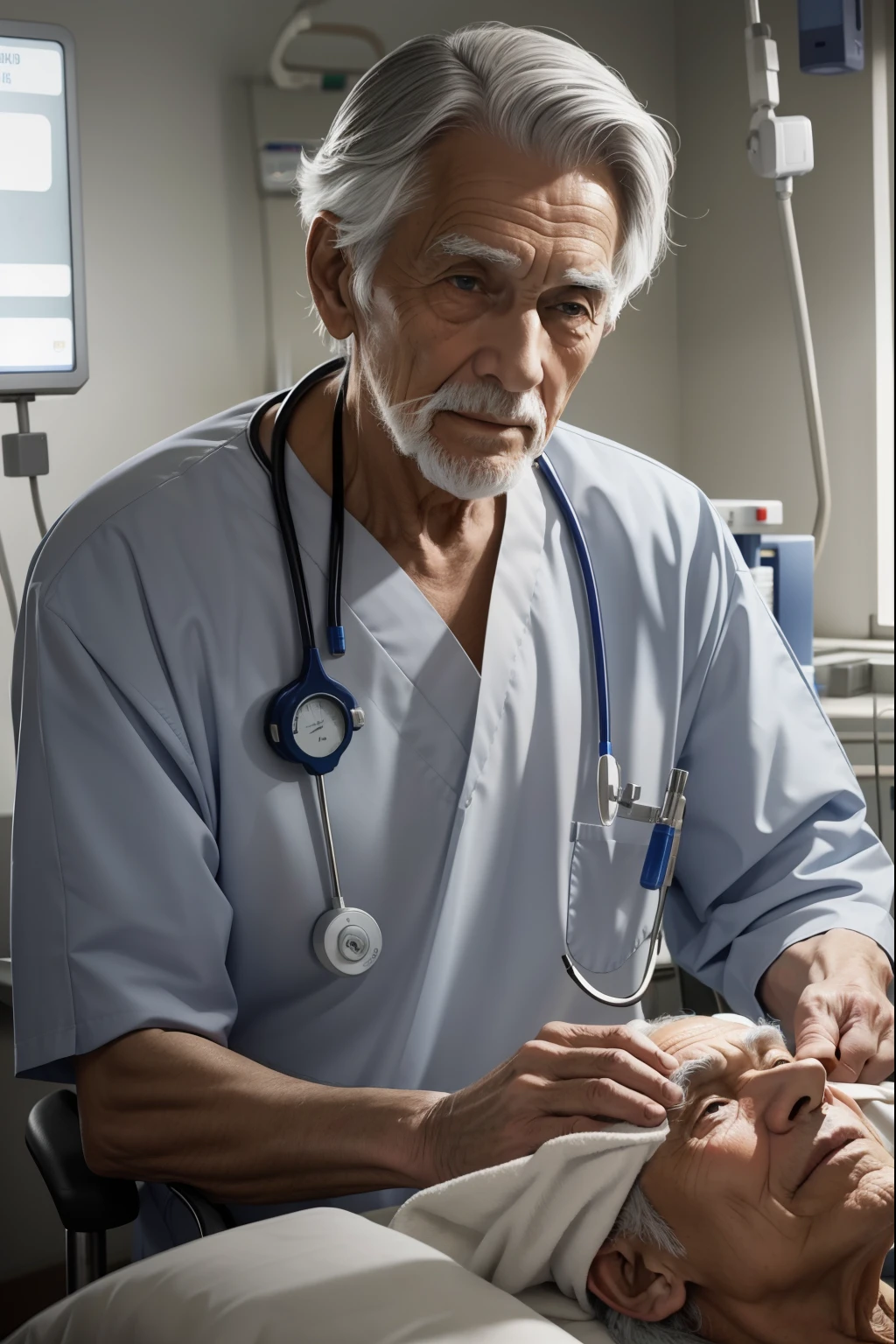 A gray-haired, Wise, A centenarian man undergoing surgery in a hospital