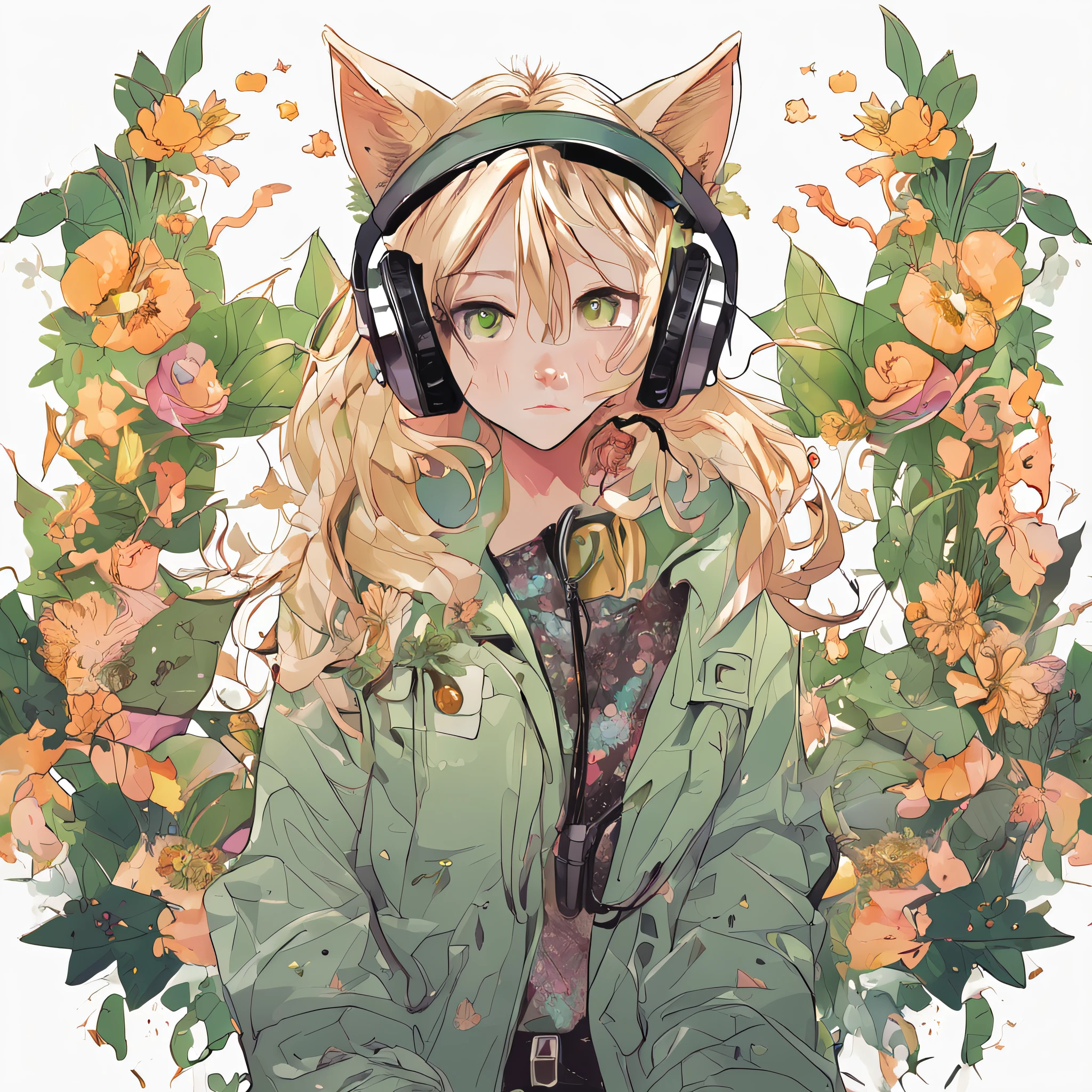 Perfect centering, Cute cat, Wearing a jacket,Blonde gradient hair,Round-faced cat,green-eyed,blossoms,gold coins,UHR,, Wearing headphones, cheerfulness, Standing position, Abstract beauty, Centered, Looking at the camera, Facing the camera, nearing perfection, Dynamic, Highly detailed, smooth, Sharp focus, 8K, high definition resolution, illustration, Art by Carne Griffiths and Wadim Kashin, White background