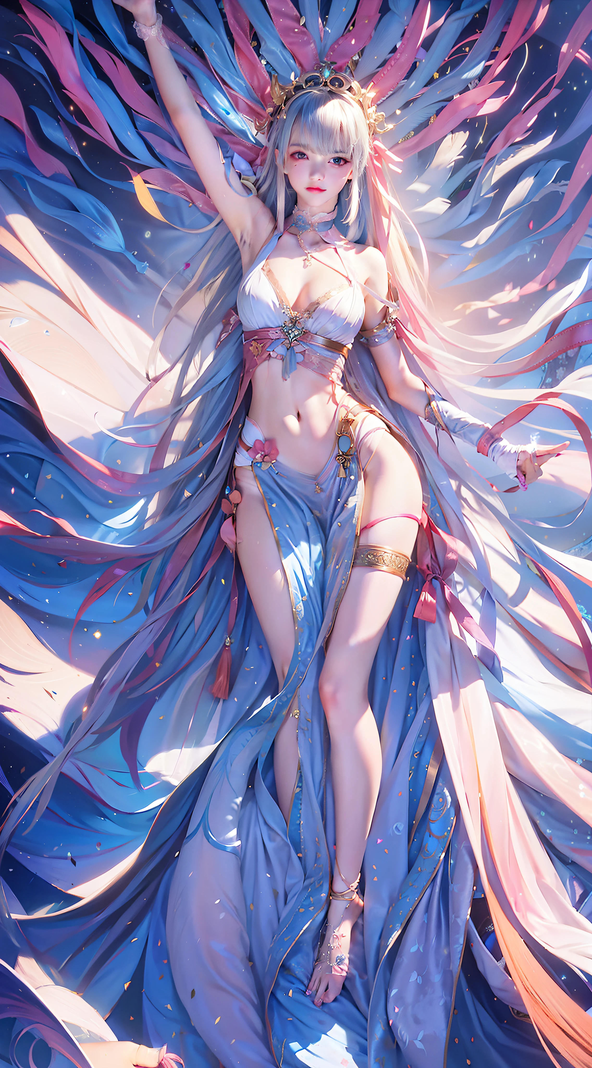 Real picture，tmasterpiece，8K，1girll，fox ear，White tang costume，The clothes are open，Lie asleep in bed，Spread your legs M，Large bust，slender leg，Beautiful and clear facial features，perfect  eyes，Palace，delicate hand，Flat lower abdomen，Clear hands are naturally flat。