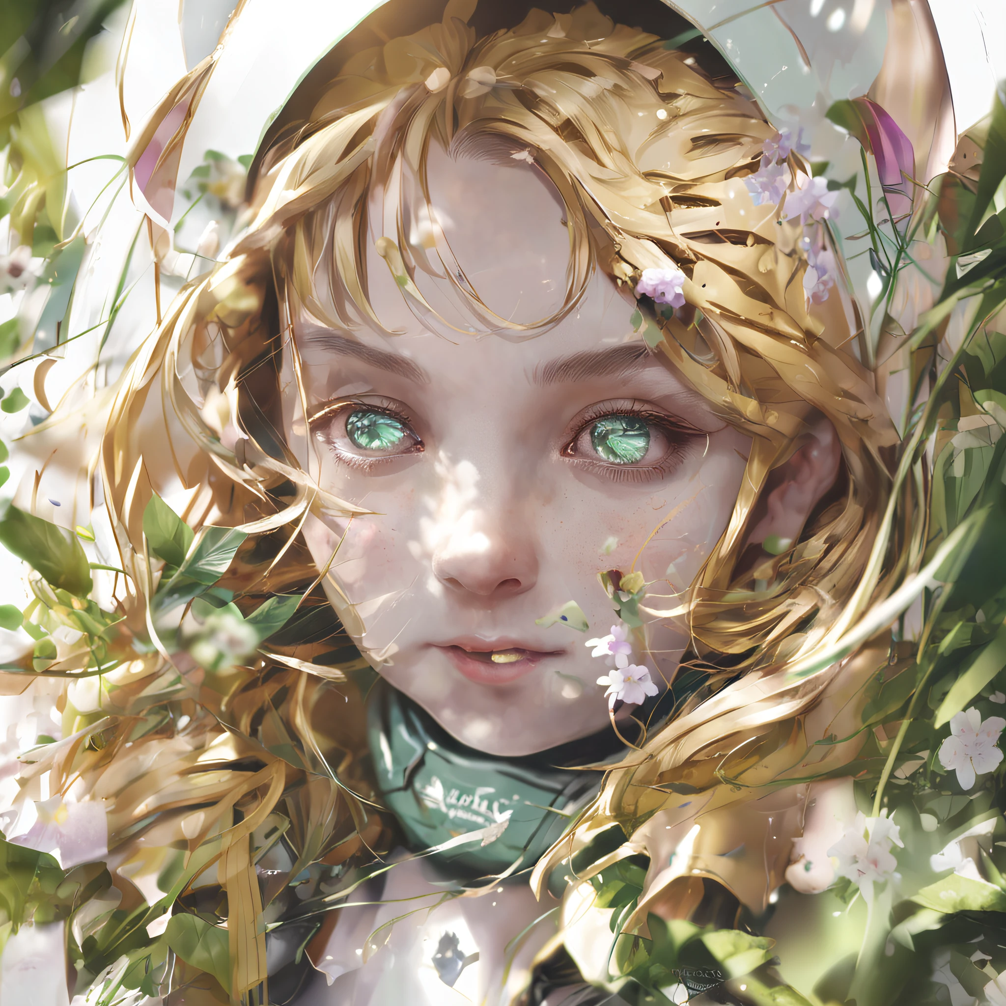 Perfect centering, Cute cat, Wearing a jacket，Blonde gradient hair，with a round face，green-eyed，blossoms，gold coins，UHR，, Wearing headphones, cheerfulness, Standing position, Abstract beauty, Centered, Looking at the camera, Facing the camera, nearing perfection, Dynamic, Highly detailed, smooth, Sharp focus, 8K, high definition resolution, illustration, Art by Carne Griffiths and Wadim Kashin, White background