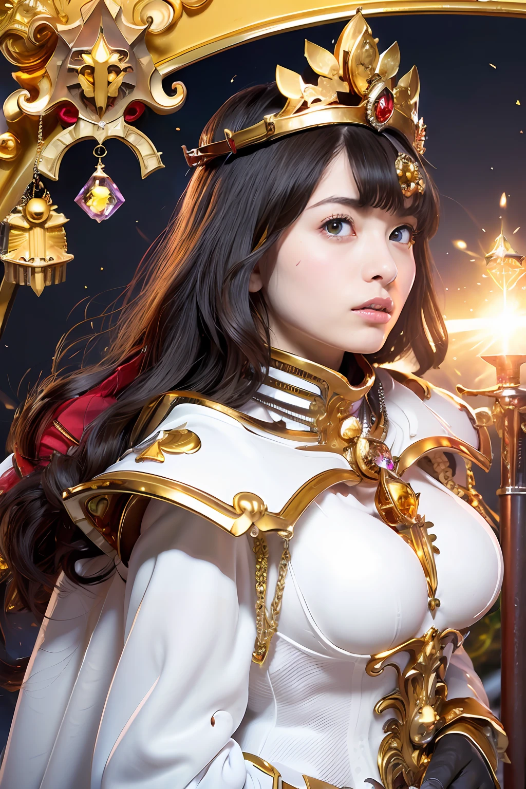 (masutepiece), Professional , masterpiece、top-quality、photos realistic , depth of fields ,(Wind element),close-up,dream magical,tornado,Lightning,(Gemstone Gold Jewel Body:1.9),(Matte White、Jewel Gold Weapon_(Gemstone Metal Body:1.4),Luminous Luxury Jewel Metal Weapon ,(( Detailed Sword of the Brave)) , Black castle background ,warhammer 40k , adepta sororitas,Detail and ornate jewel crown、Brown hair、Gangle's forest background、Beautiful Caucasian beauty、1a person、dynamic ungle,(((Detailed and ornate diamond crown)))、Particles of light、cleavage of the breast、Battle Pose、