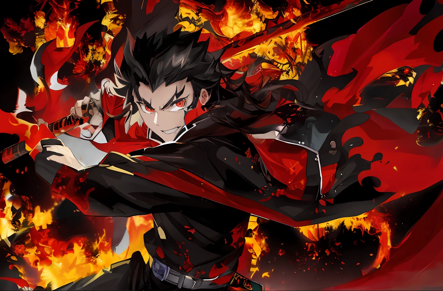 Anime characters holding sticks in front of the fire, blazing infero, demon slayer artstyle, handsome guy in demon killer art, fire behind him, demon slayer rui fanart, Badass anime 8 K, Key anime art, 4k manga wallpapers, Demon Killer,advanced digital anime art ”, Wielding a burning stick, Fire!! full bodyesbian, zerochan art，black color hair，Blackn clothes，black glove，Red cape，concept art inspired by Okumura Masanobu, Pisif, shin hanga, handsome guy in demon killer art, ( ( concept art of character ) ), official character art, shigenori soejima illustration, detailed anime character art, Character artwork, detailed full body concept art
