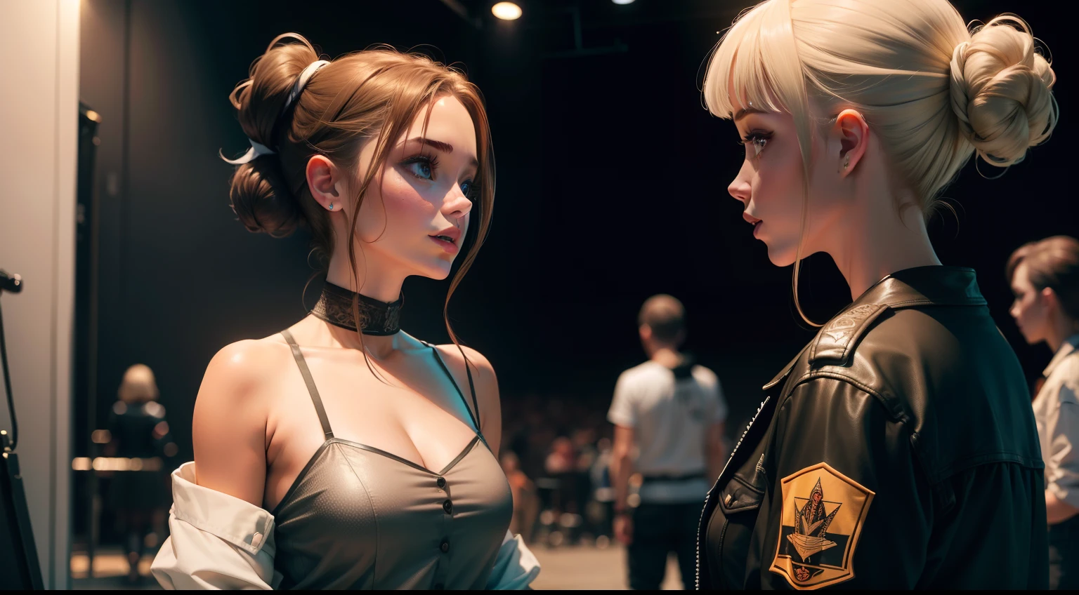 Emma talking to her friend Lisa at the backstage