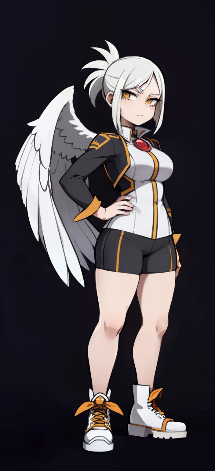 My Hero Academia Style, Anime Girl, Female, Trending on ArtStation Pixiv, (Full Body Shot: 0.5), Wide Hips, Wide Thighs, Large Breast, Pterodactyl Face, Short Hair, Ash White Hair, Yellow Eyes, Pterodactyl Snoot, pterodactyl crest, feathered wings on back, feathered wings, wings on back, white feathers, ash white plumage, Long-sleeved gray tunic with dark gray piping, long-sleeved gray tunic, gray tunic with piping, dark gray piping tunic, gray tunic, piping tunic, red boots, orange headband, orange headband, ribbon, gaze perky, smug, looking at viewer, super detailed, perfect anatomy,