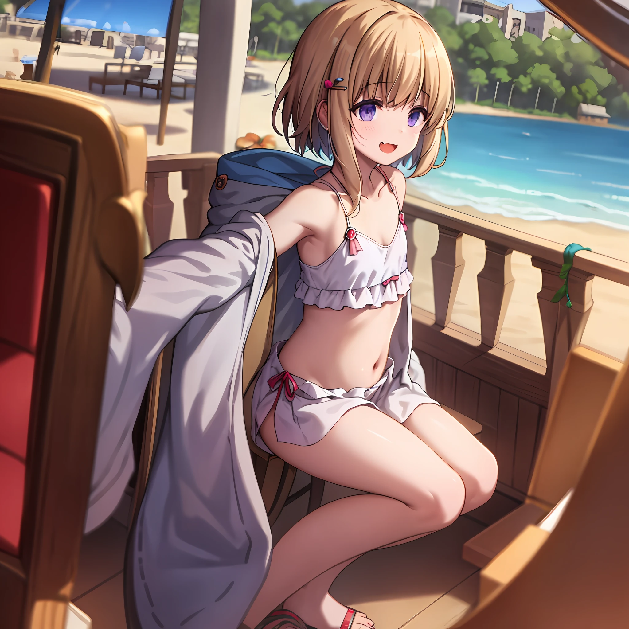 latifa fleuranza, masterpiece, best quality, highres, 1girl, solo, fang, skin fang, short hair, (mole on thigh:0.8), bangs, hair behind ear, purple eyes, hair ornament, open mouth, beach, smile, squatting, small chest, short height, , flat chest, small, cleavage, (oulder)), exposed, loose shirt, navel, presenting armpit