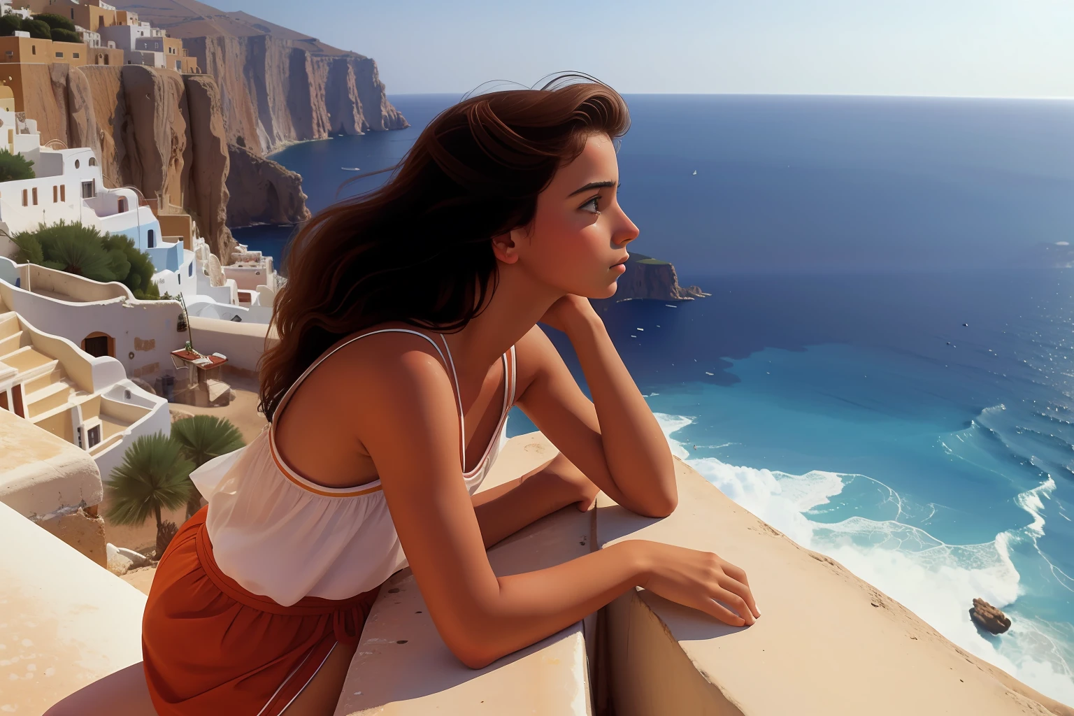 (masterpiece oil painting), 1 young slender girl, заmountainsает на солнце (in a chic hat:1.4), high waist bikini, nude, no panties, she is thin and slender, face profile, ethereal and beautiful Hugo Boss model from the 1940s.., Beautiful painting with a very detailed face by Alphonse Mucha.., Craig Mullins, Greg Rutkowski, Magali Villanueva, (The most beautiful picture), the whole body is visible from the knees and above, sexy pose with your back to me, ideal body shape, (view from below from the floor:1.3), on the balcony against the backdrop of the beautiful seashore, mountains