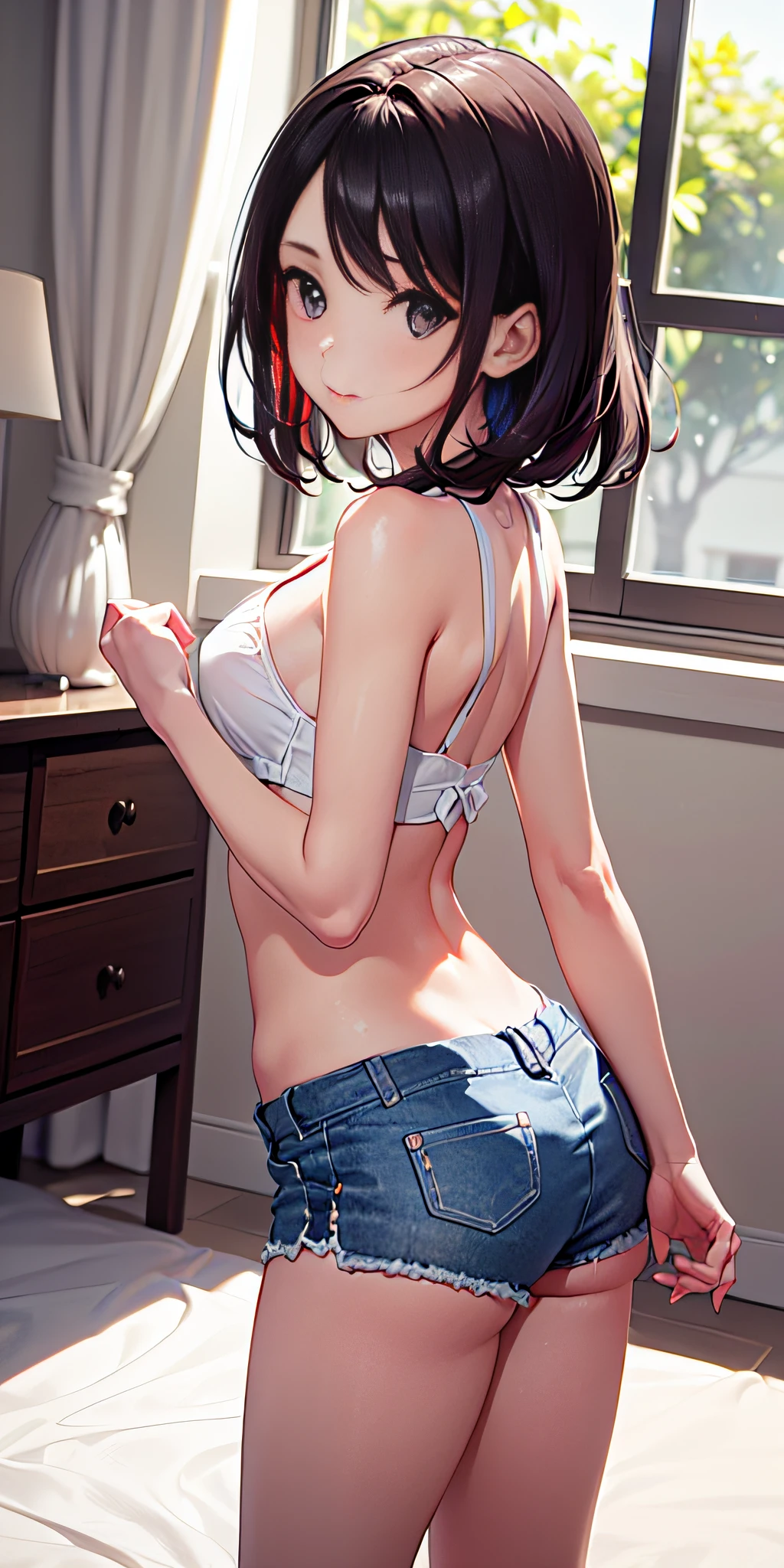 beautiful woman from the side, looking down, lob haircut, bending head forward, hanging hair, shiny black hair, anime style, wearing loose white camisole, bare legs, arrogant, cocky, (best quality,4k,8k,highres,masterpiece:1.2),ultra-detailed, HDR,UHD,studio lighting,ultra-fine painting,sharp focus,physically-based rendering,extreme detail description,professional,vivid colors,bokeh,portraits, seinen anime, serious anime