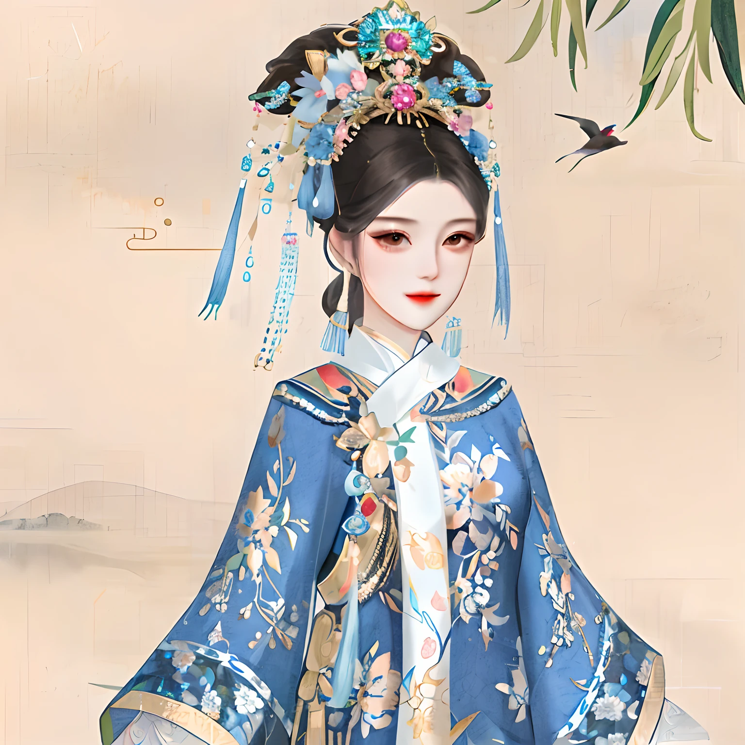 Works of masters,Best picture quality,Higher quality,high detal, 超高分辨率, 8K分辨率, depth of fields, cinematic photogtaphy, intricately details, carefully, meticuloso, glorious, max detail,There was a woman in a blue dress and a bird flying by, Palace , A girl in Hanfu, a beautiful fantasy empress, Princesa chinesa antiga, ancient asian dynasty princess, Wearing ancient Chinese clothes, imperial royal elegant clothing, Hanfu, Chinese costume, , wearing ornate silk clothes, Inspired by Qiu Ying, with acient chinese clothes
