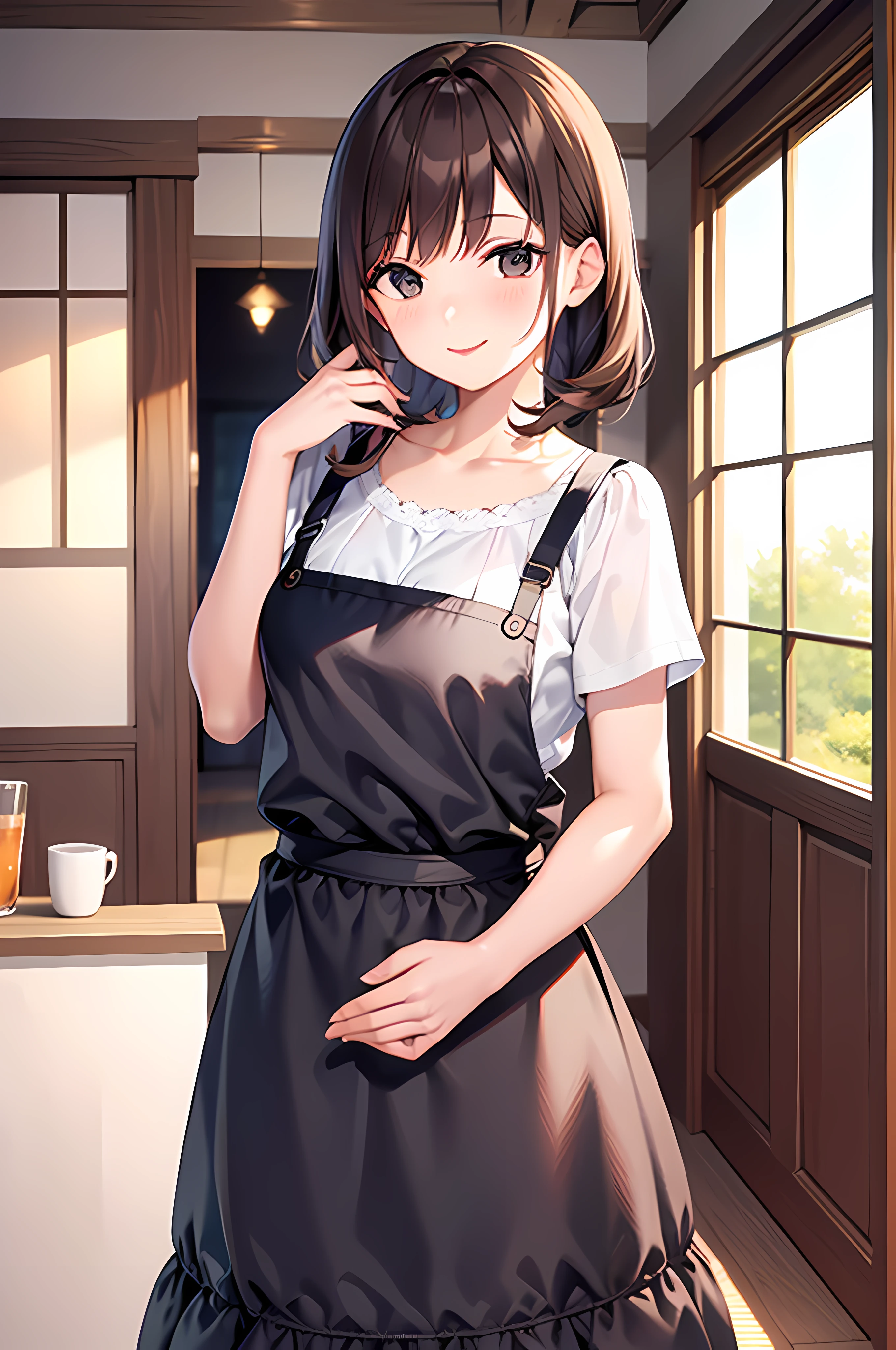 Tilt your head and smile,Beautuful Women,Wear an apron,Casual clothes,brown hair,photographed,Home,frontage,(Contre-Jour),high qulity,Ultra-clear,8K