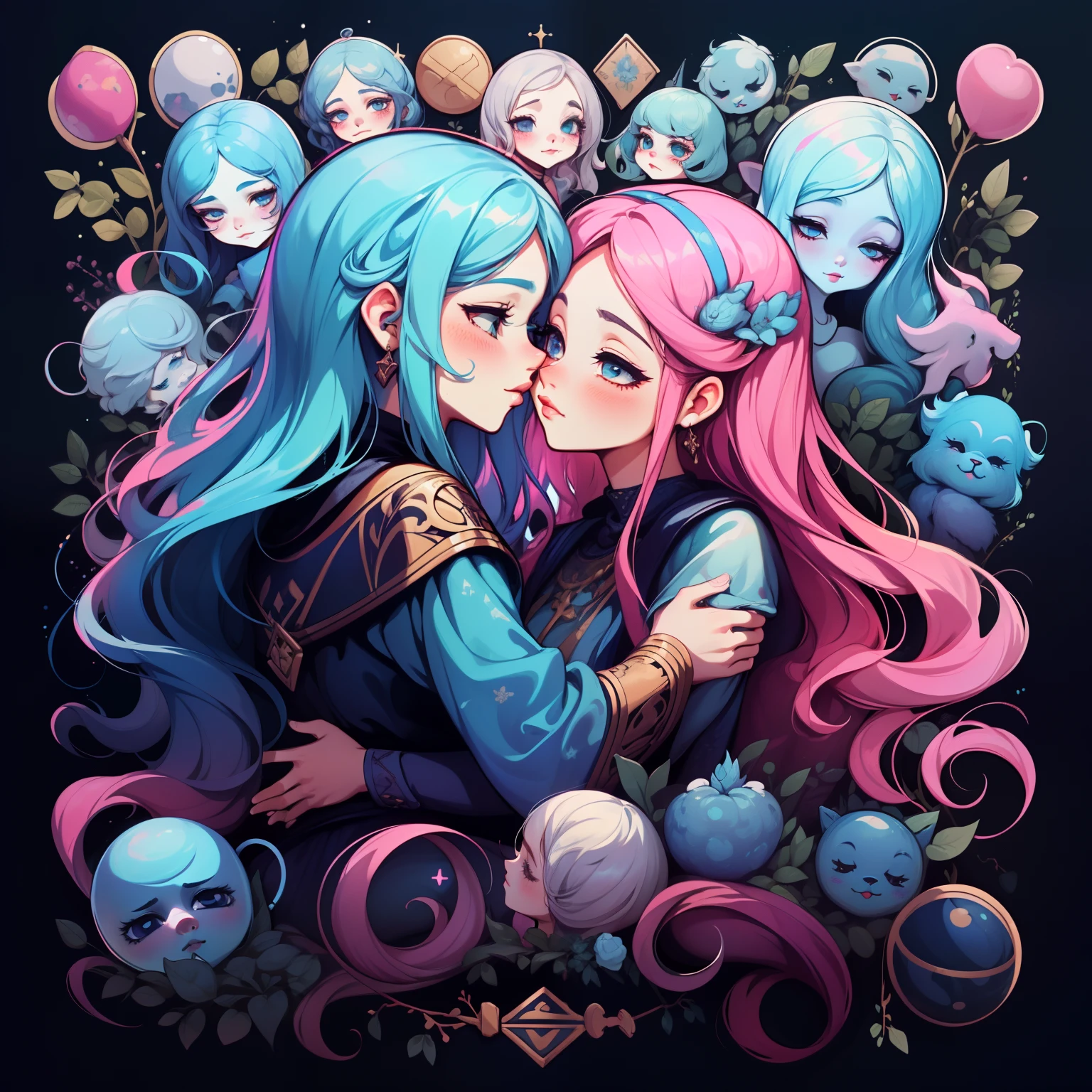 adesivo, fundo simples, portrait, 2 girls, couple, kissing, girl with long hair, beautiful libra girl, libra aesthetic, beautiful girl, very beautiful fantasy art, beautiful and elegant female libra, beautiful detailed fantasy, blue and pink color palate, blue color-theme