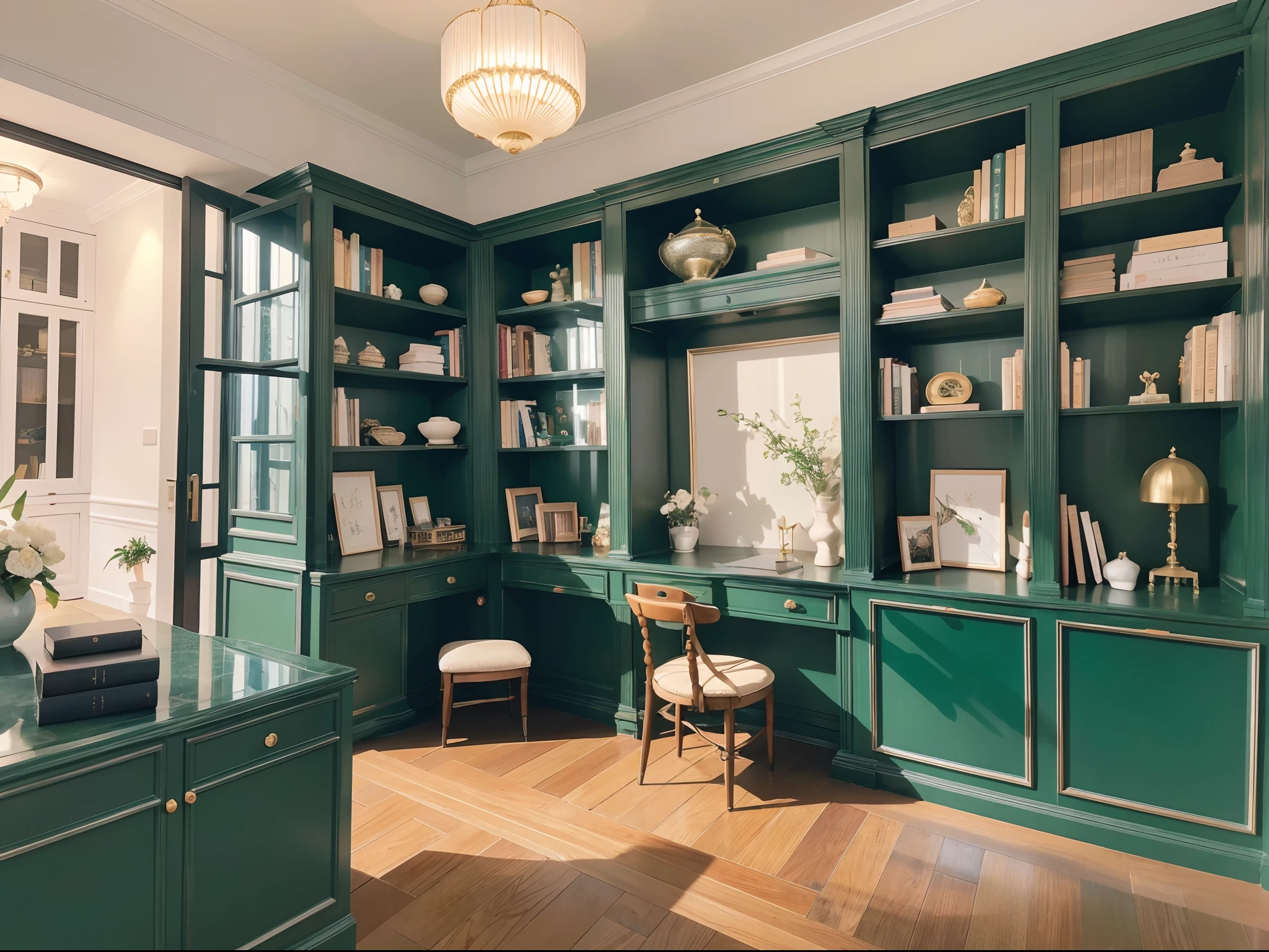 ,masterpiece, best quality,8k, ultra highres,Reallightandshadow,(Realiy,realisticlying),Step into this luxurious study,It's like entering a temple of knowledge。High-quality wooden bookcases carry precious books,Each book is the result of wisdom。The bookcase is dotted with emerald green potted plants and sprawling green walls,Let the whole space exude a fresh and pleasant atmosphere。The calm and atmospheric desk is equipped with exquisite stationery,The silver desk lamp casts a soft glow,Light up your way of thinking。A mirror is cleverly embedded in the bookcase,It makes the whole space appear more open and bright。Over here,You can immerse yourself in a wealth of knowledge,Release your desires and pursuits,Feel the power of wisdom,Evoke infinite reverie into the future。