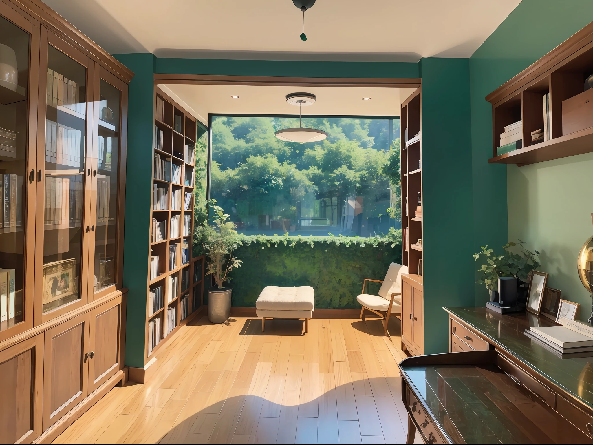 ，masterpiece, best quality，8k, ultra highres，Reallightandshadow，（Realiy，realisticlying)，Step into this luxurious study，It's like entering a temple of knowledge。High-quality wooden bookcases carry precious books，Each book is the result of wisdom。The bookcase is dotted with emerald green potted plants and sprawling green walls，Let the whole space exude a fresh and pleasant atmosphere。The calm and atmospheric desk is equipped with exquisite stationery，The silver desk lamp casts a soft glow，Light up your way of thinking。A mirror is cleverly embedded in the bookcase，It makes the whole space appear more open and bright。Over here，You can immerse yourself in a wealth of knowledge，Release your desires and pursuits，Feel the power of wisdom，Evoke infinite reverie into the future。