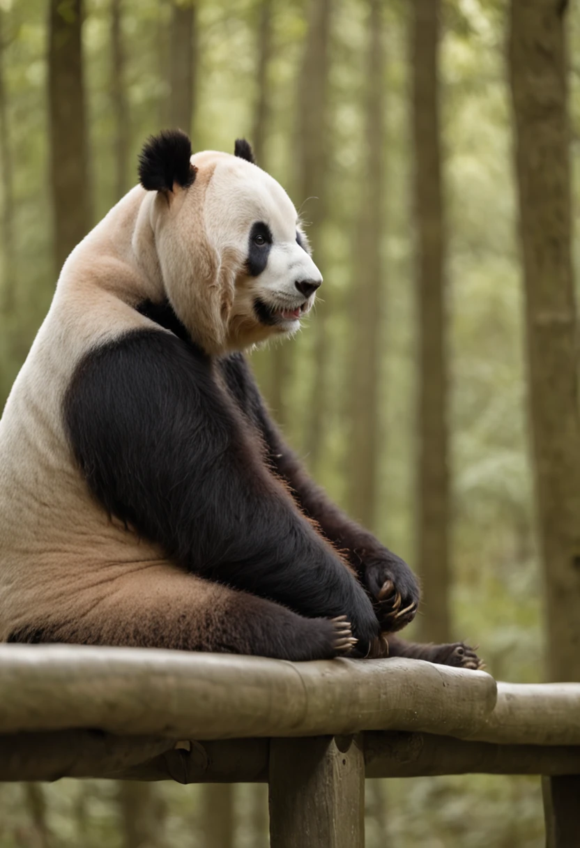 Panda sitting on a bench, Face away from the camera,shot from a far distance,tmasterpiece, best qualityer, cinematic Film still from, Soft lighting and warmth,bamboo forrest,