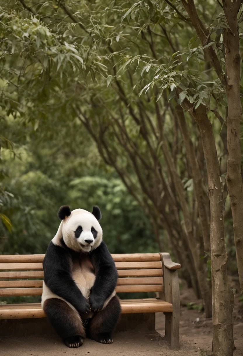 Panda sitting on a bench, Face away from the camera,shot from a far distance,tmasterpiece, best qualityer, cinematic Film still from, Soft lighting and warmth,bamboo forrest,