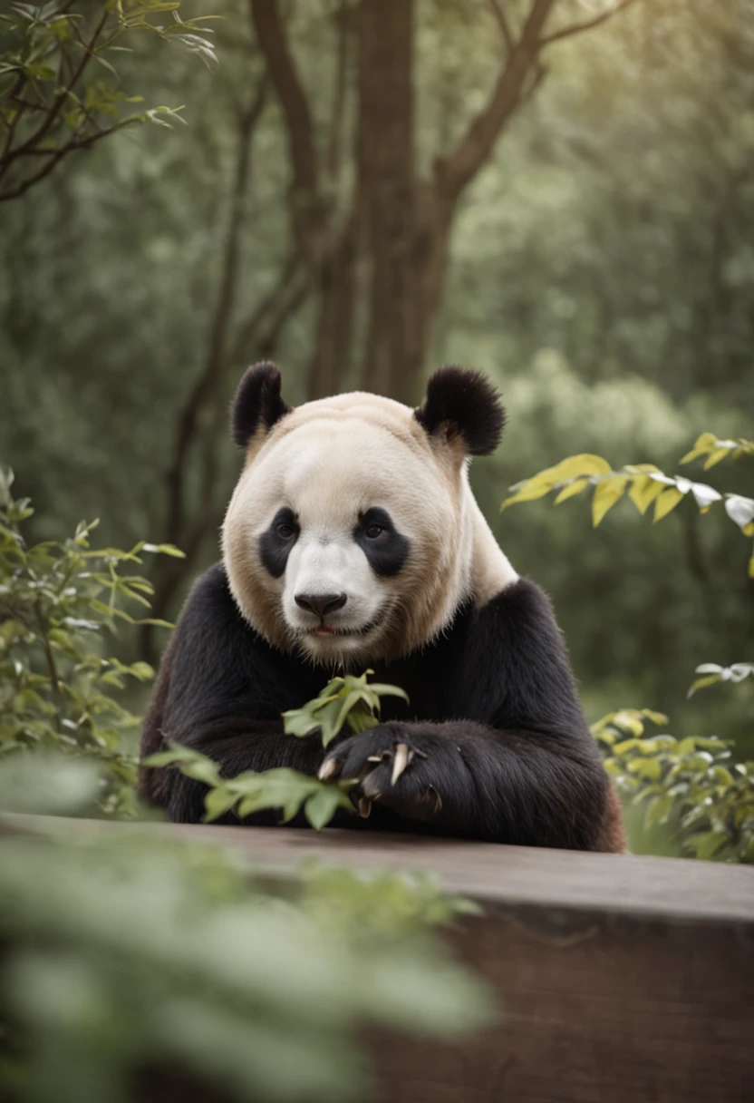 Panda sitting on a bench, Face away from the camera,shot from a far distance,tmasterpiece, best qualityer, cinematic Film still from, Soft lighting and warmth,bamboo forrest,