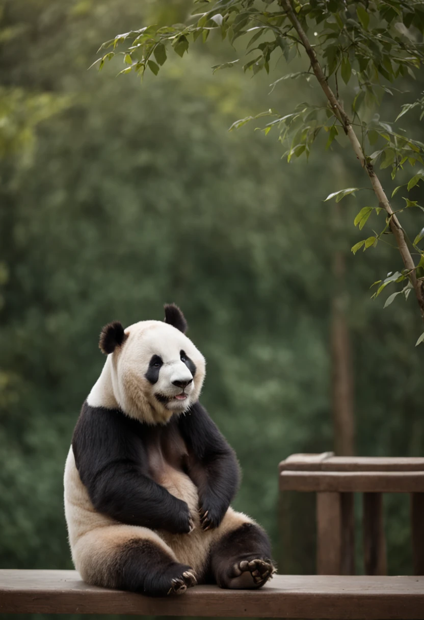 Panda sitting on a bench, Face away from the camera,shot from a far distance,tmasterpiece, best qualityer, cinematic Film still from, Soft lighting and warmth,bamboo forrest,