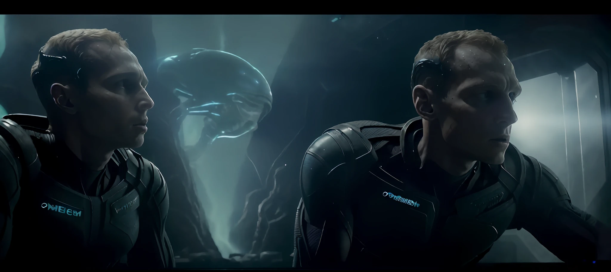 (((Prometheus film stills))),Best quality at best,super detailing,There is a light shining on the two aliens in the dark room,Alien movie scenes, Alien franchise, From the 2019 sci-fi 8K movie, From the Predator Alien series, Alien worms, Shaped shape