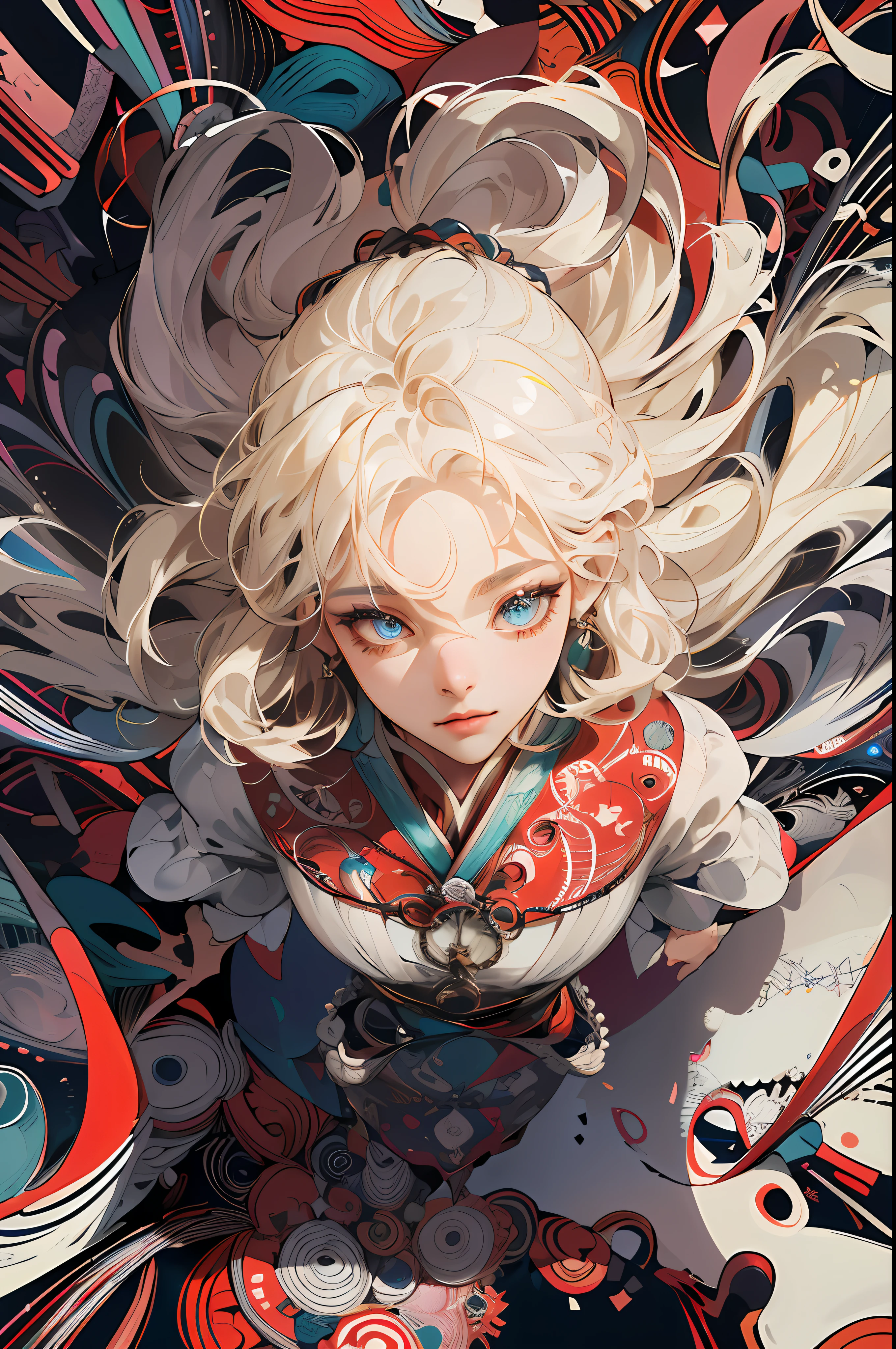 absurdres, highres, ultra detailed, 1girl, solo, extremely detailed eyes, Ultra-precise depiction, Ultra-detailed depiction, (zentangle:1.2), (dynamic pose), (abstract background:1.5), (treditional dress:1.2), short platinum blonde, (shiny skin), many colors, upper body, (from above)