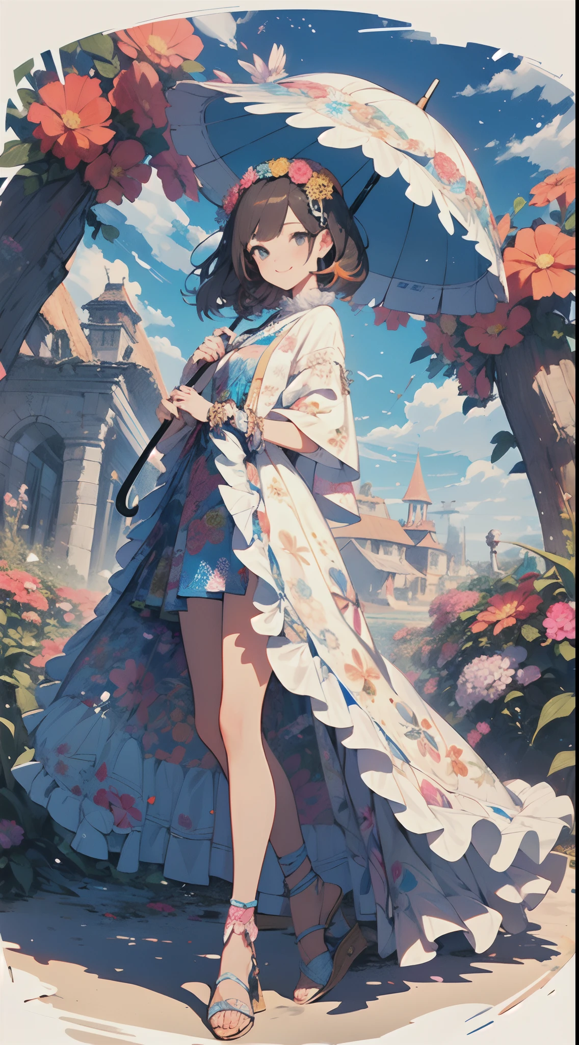 ((flowercrown),((beach parasol))，innocent smiles、eye glass、veranda、ancient city、(1 girl, Solo:1.6),(Cute smile),(Clothes are simple), (Best Impact:1.5), (maximalism:1.7), Vivid contrast, (Realistic), hyperrealistic illustrations, hight resolution, ultra-detailliert, absurderes,(Fractal Art:1.3)、Random hairstyle、Random hair color colorful、FULL BODYSHOT、Retro、Precise focus、randome pose、cinema4d、Drama