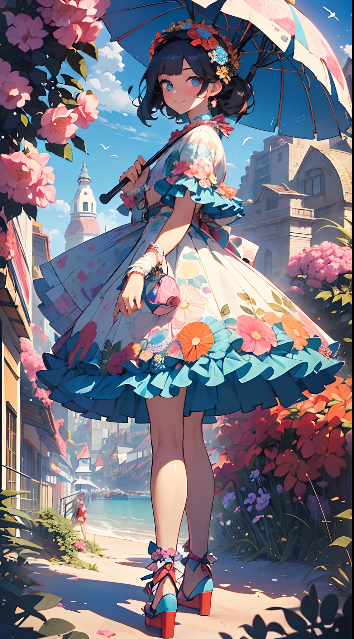 ((flowercrown),((beach parasol)),innocent smiles、eye glass、veranda、ancient city、(1 girl, Solo:1.6),(Cute smile),(Clothes are simple), (Best Impact:1.5), (maximalism:1.7), Vivid contrast, (Realistic), hyperrealistic illustrations, hight resolution, ultra-detailliert, absurderes,(Fractal Art:1.3)、Random hairstyle、Random hair color colorful、FULL BODYSHOT、Retro、Precise focus、randome pose、cinema4d、Drama