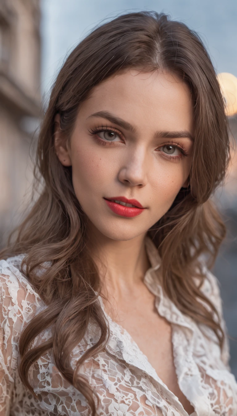 Chica europea, 20 year, ojos verdes, pelo rubio oscuro ondulado, cara redonda, sonriendo, boca abierta, estatura baja, voluptuosa y sexy, vestida camisa blanca medio abierta, falda de cuadros corta con colores rojo y negro, senos medianos, fotorealista, enfocada, Max Quality, obra de arte, city background at night with neon lights