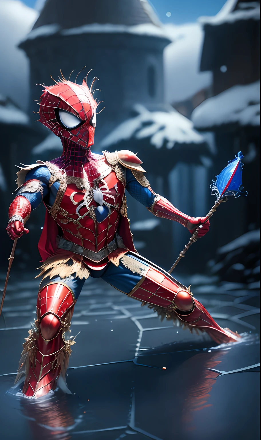 Marvel at the magical spider - the man who served as a medieval themed knight, Full set of red and blue glittering armor, Intricate details, Depicted in action poses, holds a spear, Medieval town in the background, Photorealistic, Dramatic lighting, Beautiful color grading, 8K resolution, Shot with Canon EOS C70 RF24–105mm lens