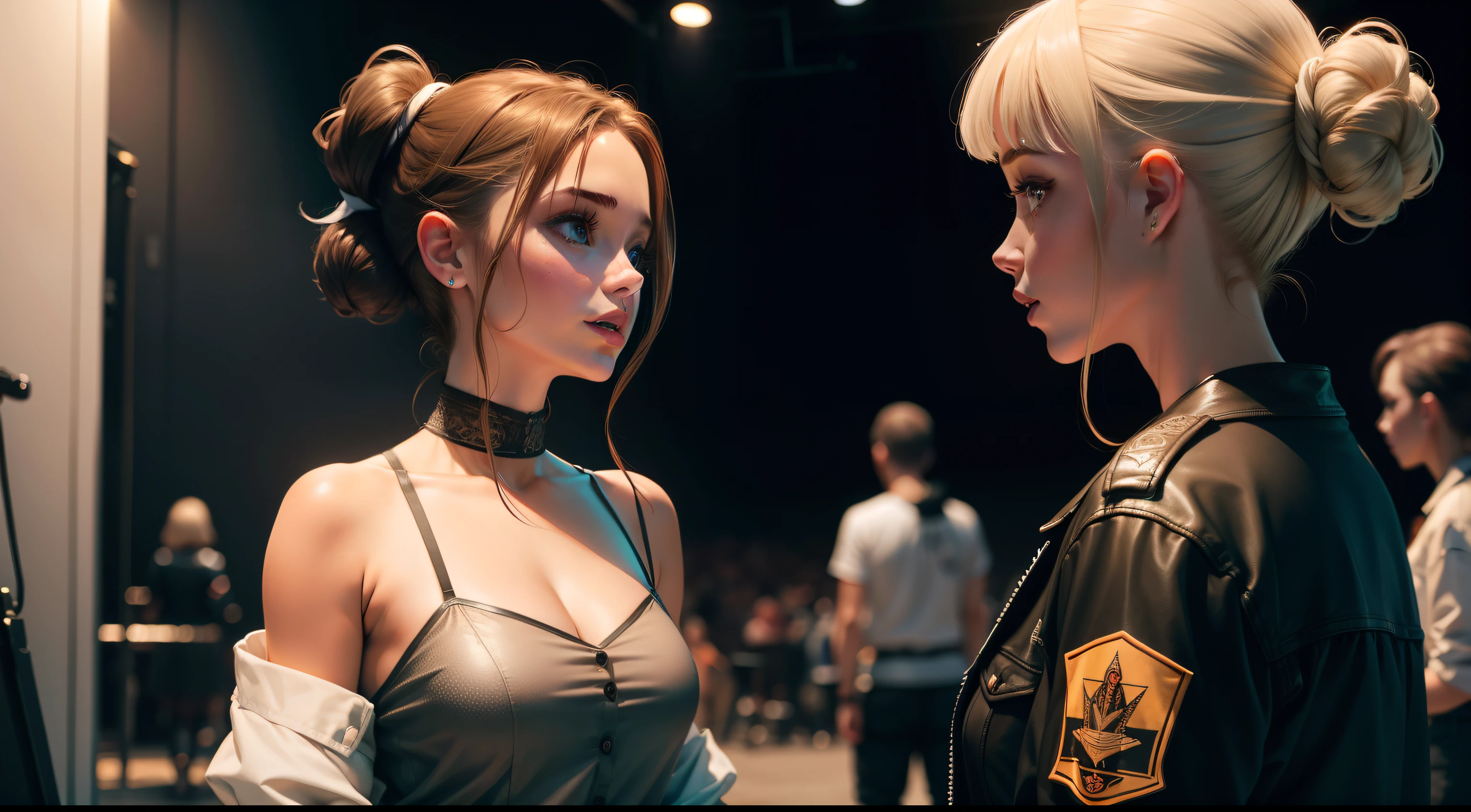 Emma talking to her friend Lisa at the backstage