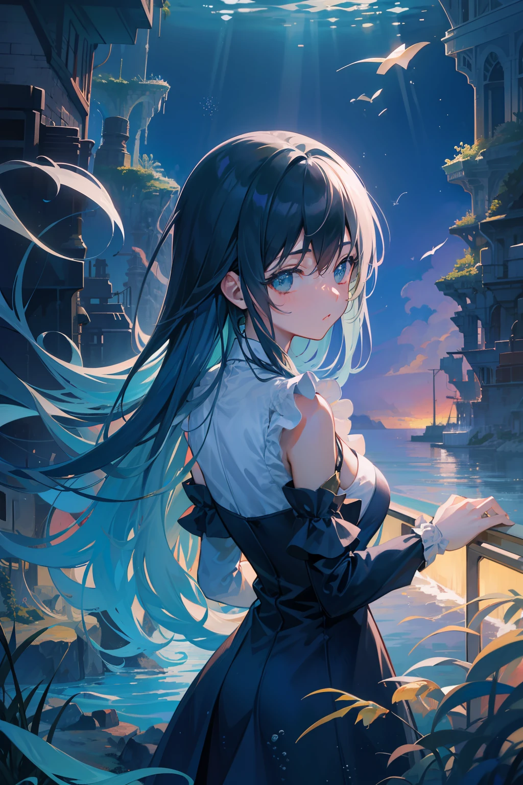 in the style of makoto shinkai, superfine illustration, Best Quality, Deep in the fantastic sea, A powerful yet graceful locomotive. train, Reminiscent of the early 20th century, Exudes nostalgia that traverses the underwater world. Marine life, From colorful fish to ancient sea creatures, Observe the journey of the locomotive mysteriously. The surrounding sea is、Deep blue mixed with ethereal green to shimmer, Illuminated by the soft glow of an underwater lantern mounted on a train. Coral formations and underwater ruins line the path of the train, Further enhance your sense of history and wonder. The entire scene captures a blend of deep-sea wonders and nostalgic charm of a bygone era.
