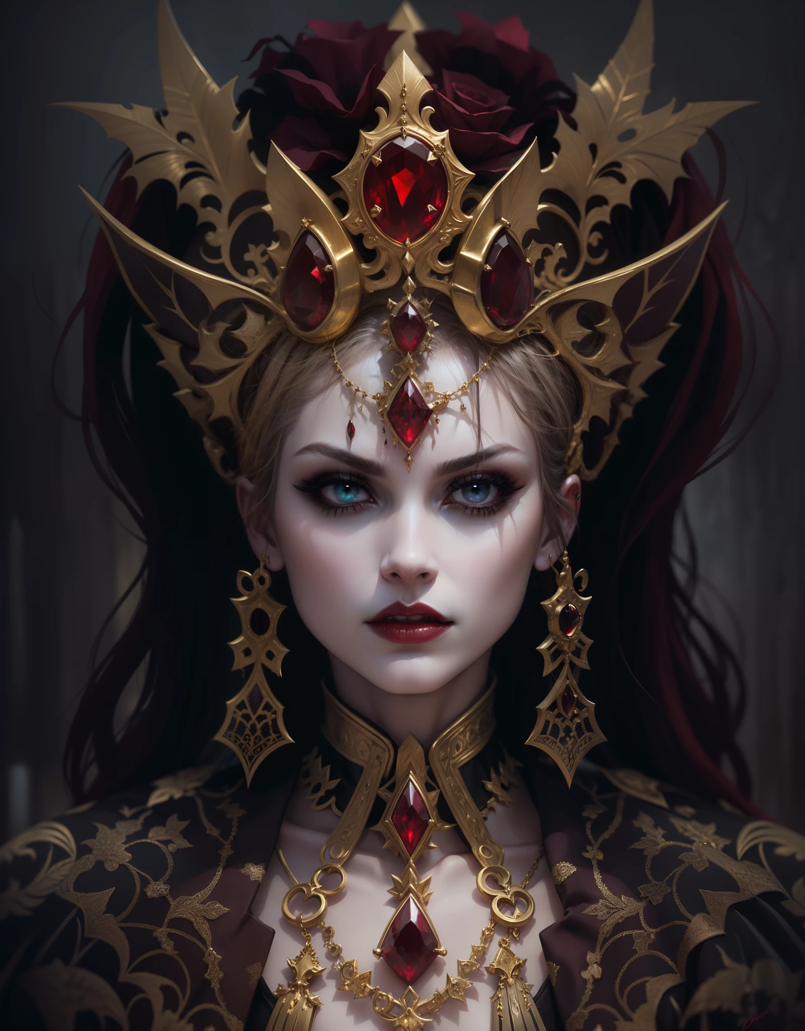 The Vampire Queen, Gothic style, a lot of jewelry, a gold, Rubies, Velvet, Silk, Evil Look, higly detailed, Symmetrical, properly proportioned, 30 thousand...
