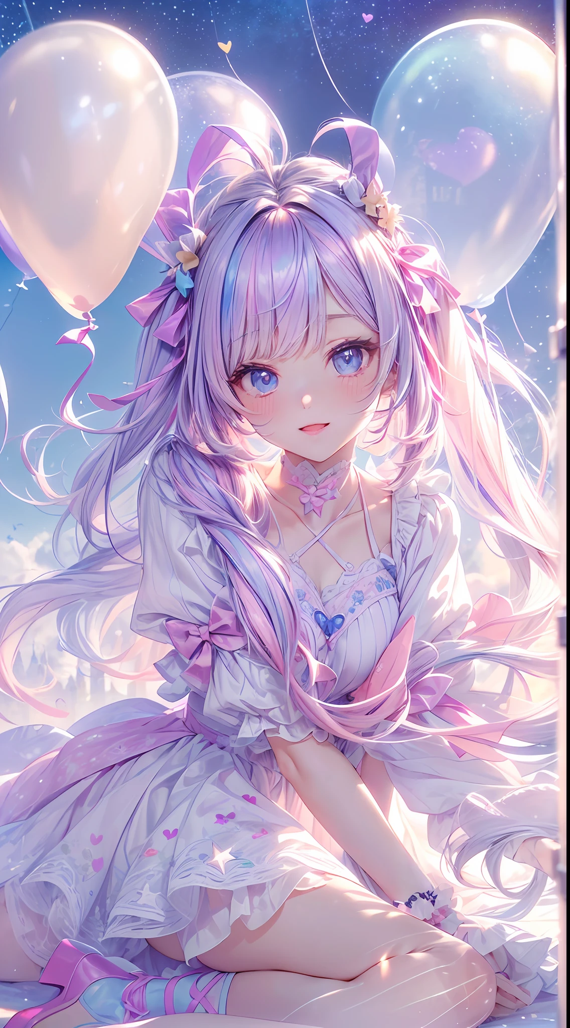 (fullbody, legs and shoes visible: 1.2)) expressive eyes, woman, pale skin, long hair, windblown hair, ((absurdly long hair)), long sidelocks, hime bangs, hair fringe, hair bun, ((very long twintails)), iridescent hair, light pink hair, blushing, full face blushing, big sparkling pastel purple eyes, (gradient eyes), open mouth smile, cute pose, ((holding balloons : 1.3))
((cute and pastel fashion)) ((🌞🥳😃🌹🌷🌳 theme : 1.4)) flowy pastel dress, ((dreamy multicolored open dress)), (floating ribbons), lavender ruffles, pink frills, (light blue lace), detached short sleeves, puffy skirt, ((rainbows and stars print skirt : 1.3)), lolita skirt, purple bows, ((pompon ribbons hair ornament : 1.4)), multiple bows, striped lace stockings, (heart shaped leg garter), cute (pastel purple) shoes ((hyperdetailed clothing and fashion)) looking at you, vintage girl, blushing, (beautiful detailed eyes), (extremely detailed CG unity 8k wallpaper) (best shadow), ((an extremely delicate and beautiful)), (detailed light), ((depth of field)) big head, big sparkling eyes, moe, splash art, cinematic lighting, frontal view, volumetric lighting maximalist photo illustration 64k resolution high res intricately detailed complex key visual precise linear
((in the dreamy pastel sky background, surrounded by sunset clouds, shooting stars, castles in the clouds)) ((hyperdetailed scenery, foggy clouds, suspended by balloons, hearts : 1.3))