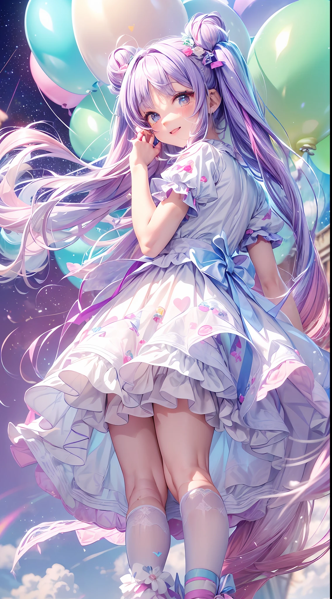 (fullbody, legs and shoes visible: 1.2)) expressive eyes, woman, pale skin, long hair, windblown hair, ((absurdly long hair)), long sidelocks, hime bangs, hair fringe, hair bun, ((very long twintails)), iridescent hair, light pink hair, blushing, full face blushing, big sparkling pastel purple eyes, (gradient eyes), open mouth smile, cute pose, ((holding balloons : 1.3)) 
((cute and pastel fashion)) ((🌞🥳😃🌹🌷🌳 theme : 1.4)) flowy pastel dress, ((dreamy multicolored open dress)), (floating ribbons), lavender ruffles, pink frills, (light blue lace), detached short sleeves, puffy skirt, ((rainbows and stars print skirt : 1.3)), ta skirt, purple bows, ((pompon ribbons hair ornament : 1.4)), multiple bows, striped lace stockings, (heart shaped leg garter), cute (pastel purple) shoes ((hyperdetailed clothing and fashion)) looking at you, vintage girl, blushing, (beautiful detailed eyes), (extremely detailed CG unity 8k wallpaper) (best shadow), ((an extremely delicate and beautiful)), (detailed light), ((depth of field)) big head, big sparkling eyes, moe, splash art, cinematic lighting, frontal view, volumetric lighting maximalist photo illustration 64k resolution high res intricately detailed complex key visual precise linear 
((in the dreamy pastel sky background, surrounded by sunset clouds, shooting stars, castles in the clouds)) ((hyperdetailed scenery, foggy clouds, suspended by balloons, hearts : 1.3))