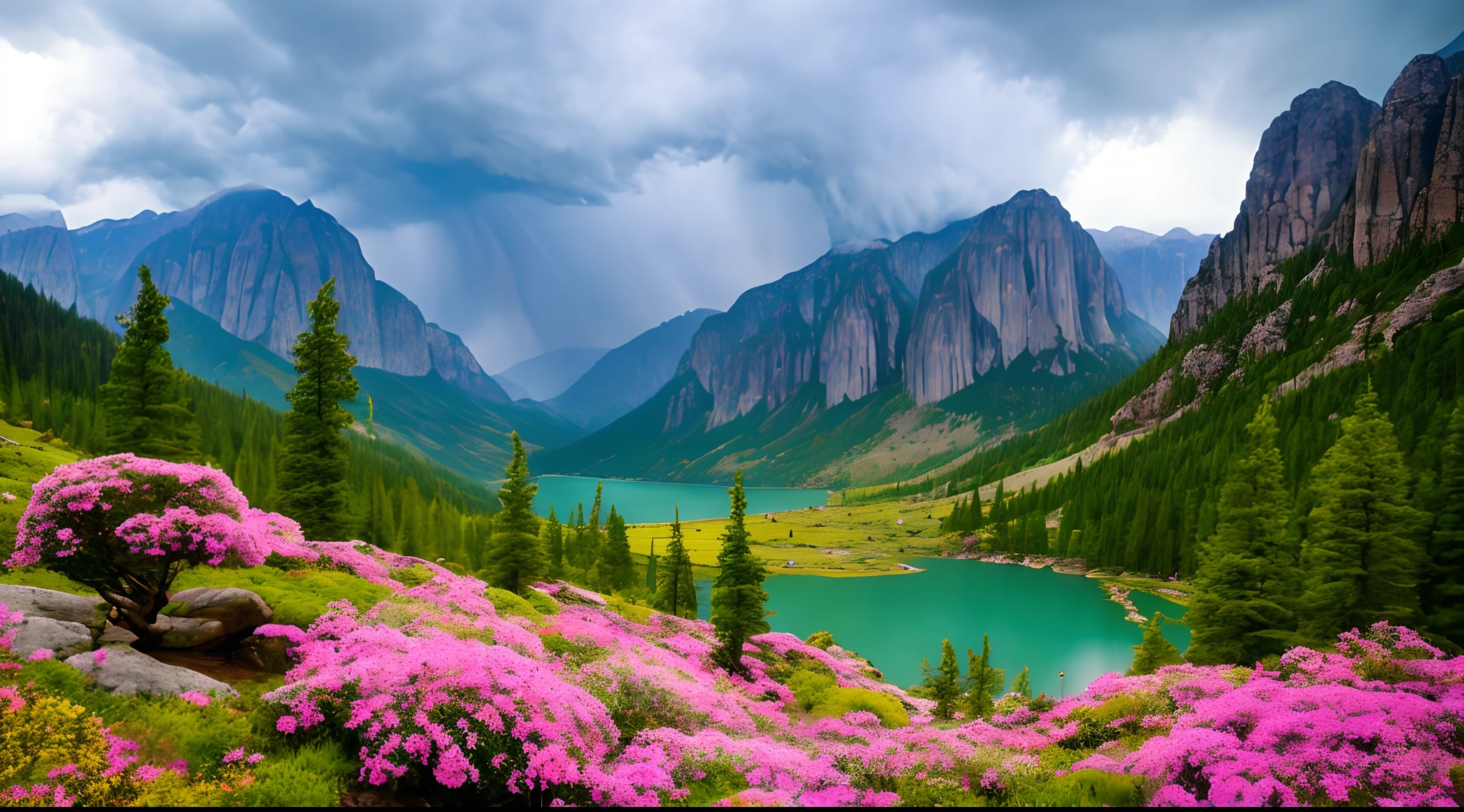 magical, landscape, mysterious, luminous, dreary, complex, bloom, dreary. expansive, magnificent, god rays, storm, lightning, mountains, valley, boulders, trees, flowers, lake