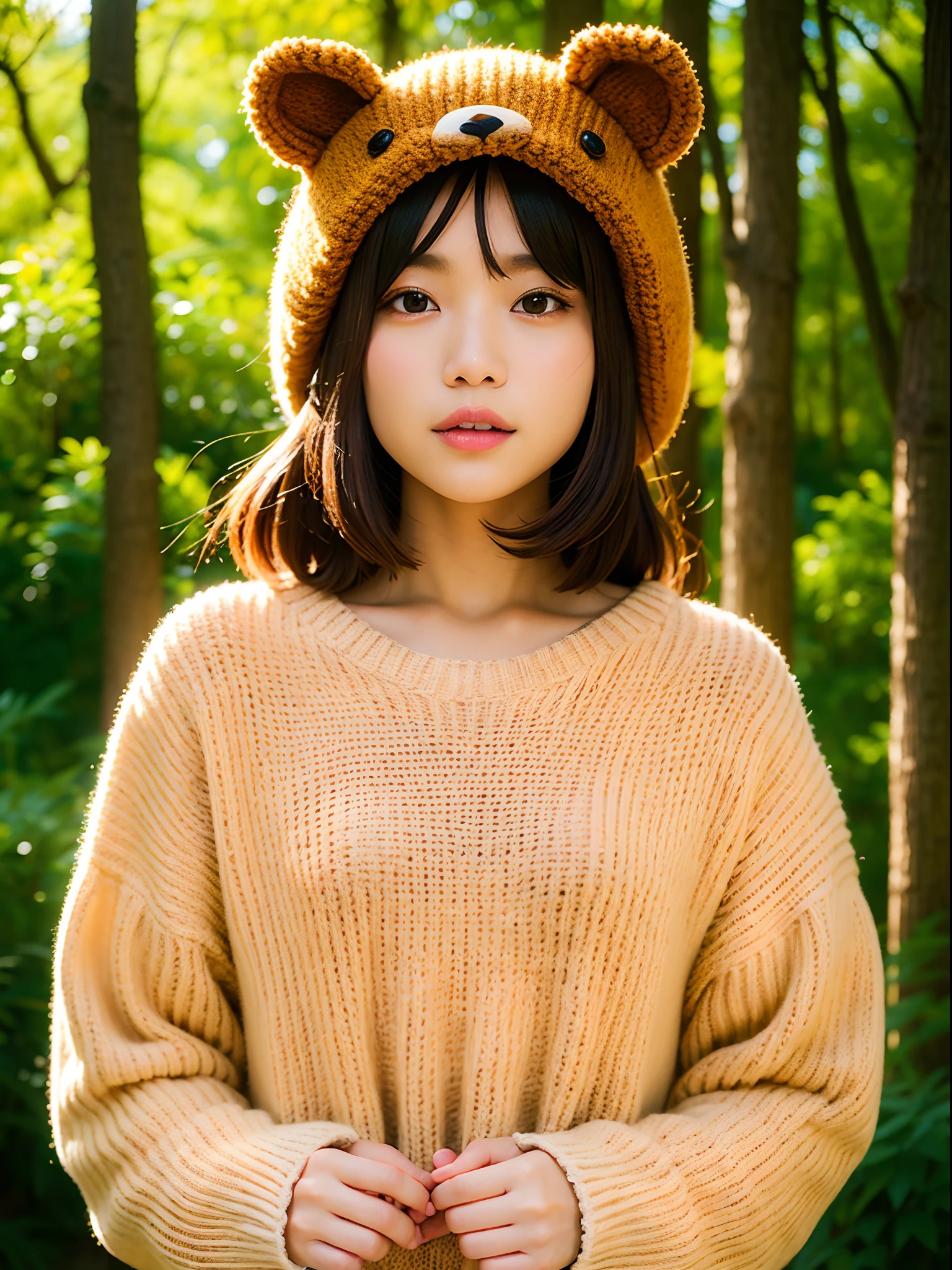 femele、(Oversized_Wearing a sweater、Bear Hat:1.3)、Good Hand、4K、hight resolution、​masterpiece、top-quality、headw:1.3、((Hasselblad photo))、Fine skin、Sharp Focus、(lighting like a movie)、Soft lighting、dynamic ungle、[:(详细的脸:1.2):0.2]、Medium chest、((at a forest)))、