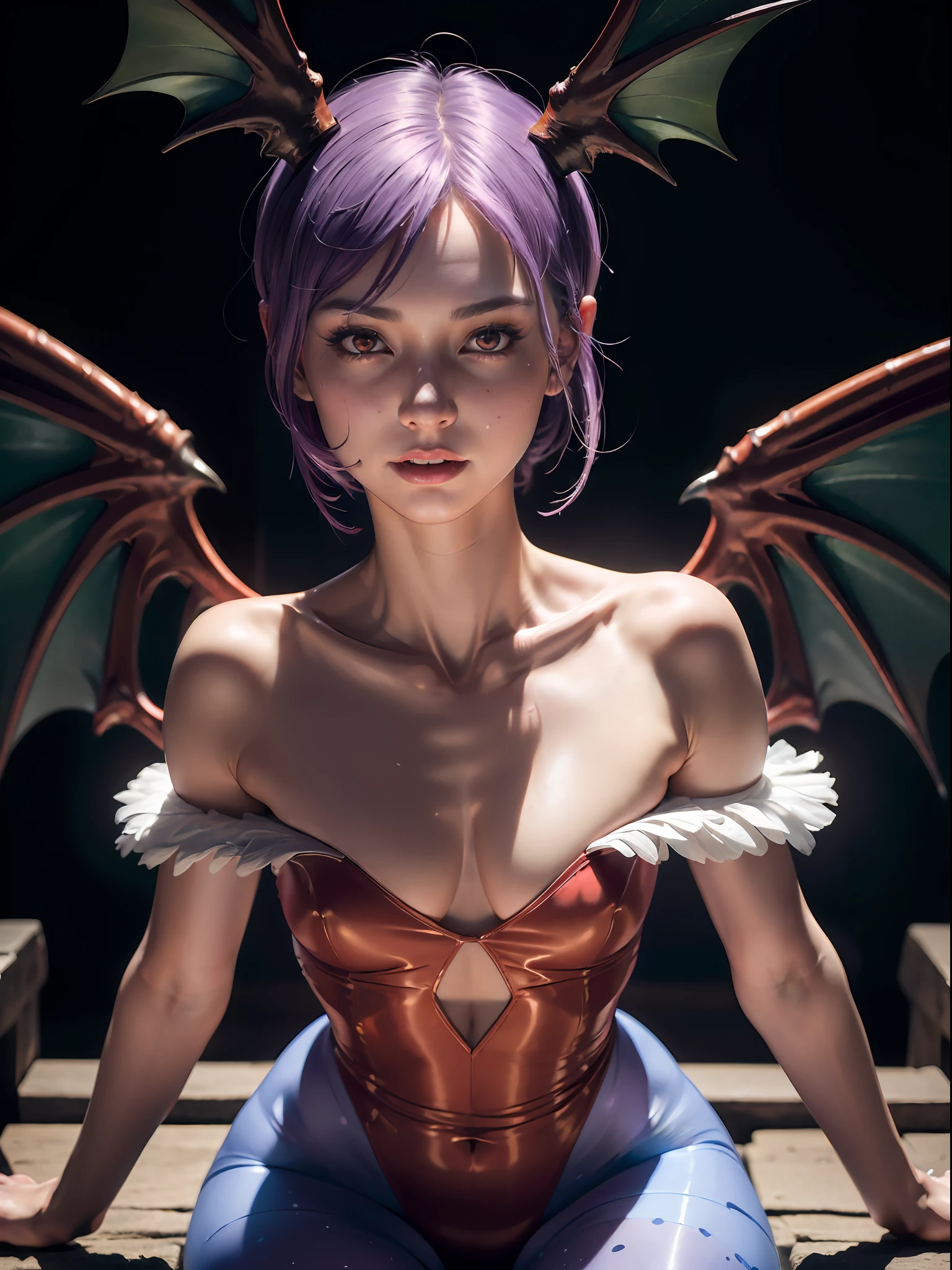 ((Masterpiece)), (high resolution:1.4), (siting:1.2), (dinamic pose:1.4), lilith aensland, violet hair, wings, looking at viewer, beautifull smile, (graveyard at night), dark castle outside at night, beautiful face, highly detailed skin, skin pores, (highly detailed face:1.1), (highly detailed eyes:1.1), realistic pupils, full face blush, full lips, (perfect anatomy:1.1), (perfect proportions:1.1), (photography:1.1), (photorealistic:1.1), volumetric lighting, dynamic lighting, real shadows, (highres:1.1), sharp focus, (realistic, hyperrealistic:1.4), intricate, high detail, dramatic, subsurface scattering, big depth of field, vivid, polished, sharpened, ((full Sharp)), (extremely absurdres),16k hdr, nightlight