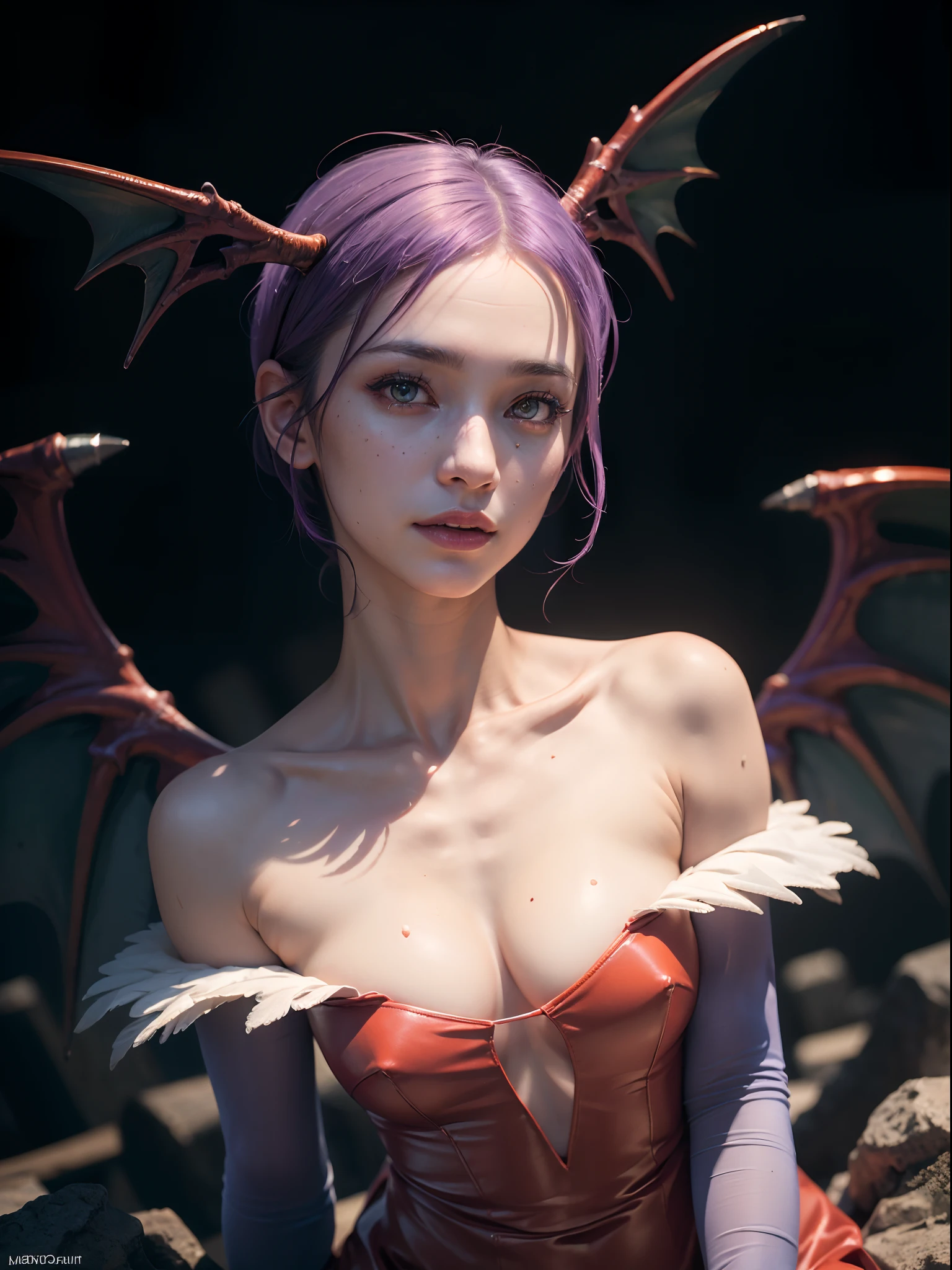 ((Masterpiece)), (high resolution:1.4), (siting:1.2), (dinamic pose:1.4), lilith aensland, violet hair, wings, looking at viewer, beautifull smile, (graveyard at night), dark castle outside at night, beautiful face, highly detailed skin, skin pores, (highly detailed face:1.1), (highly detailed eyes:1.1), realistic pupils, full face blush, full lips, (perfect anatomy:1.1), (perfect proportions:1.1), (photography:1.1), (photorealistic:1.1), volumetric lighting, dynamic lighting, real shadows, (highres:1.1), sharp focus, (realistic, hyperrealistic:1.4), intricate, high detail, dramatic, subsurface scattering, big depth of field, vivid, polished, sharpened, ((full Sharp)), (extremely absurdres),16k hdr, nightlight