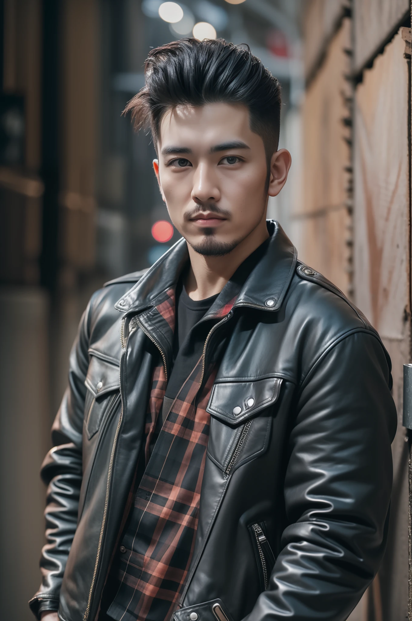 Wild casual style portrait of 30 year old Japan man、For autumn-winter。Harley-Davidson Black Biker Jacket、Red flannel shirt、Lip jeans、Wearing black combat boots。Hairstyles、Short、In Pompadour、With a strong hold、His untamed、Reflects fearless personality。