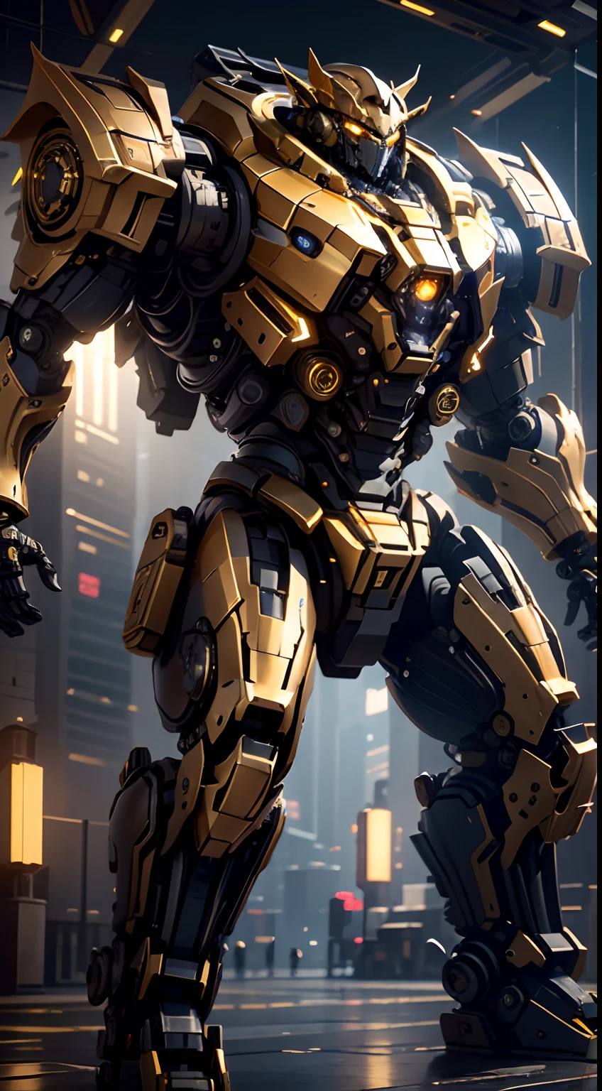 Black and gold color scheme,Robot giant,Legendary armor,Huge infrastructure,Huge engine,prompt:Intricate mechanical details,ambient lights,Volumetriclighting,reflection of light,reflected lighting,tack sharp focus,lewd poses,full body shot of,fanciful,tmasterpiece,ultra - detailed,Best quality