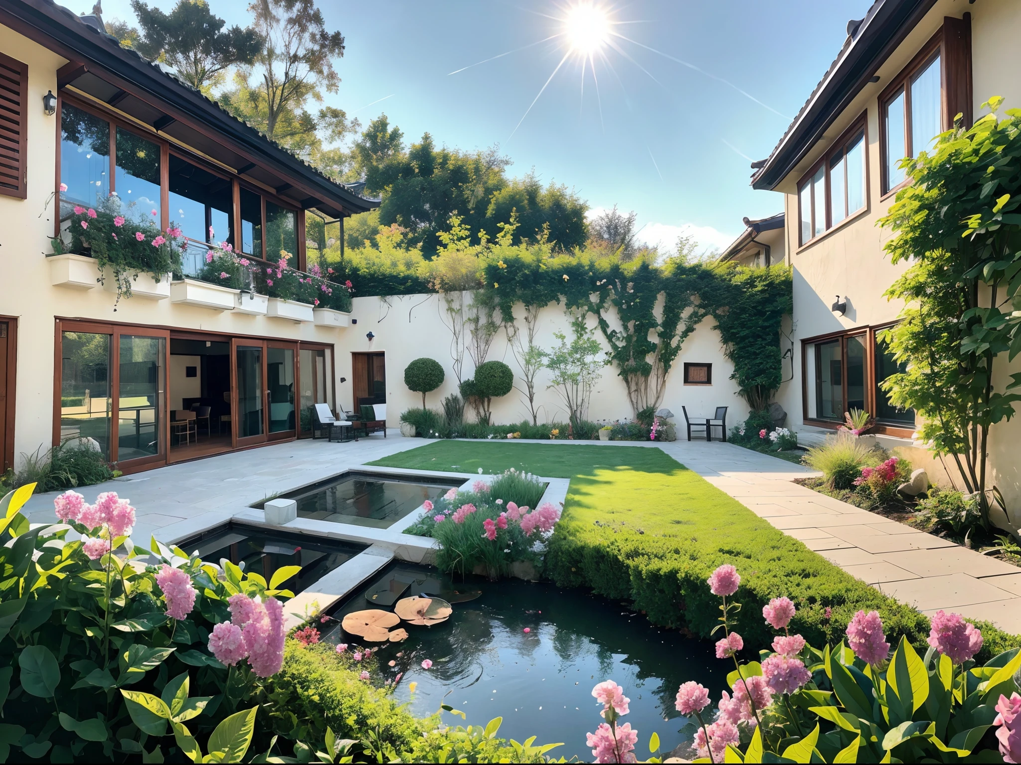 ,masterpiece, best quality,8k, ultra highres,Reallightandshadow,(Realiy,realisticlying),This courtyard is like a fairytale wonderland。The verdant lawn is dotted with a variety of gorgeous flowers,rot、yellow、Blue...... Colorful,Exudes a charming fragrance。A small fountain quietly flows with clear water,Mist raised by the breeze,It's like being in a mysterious forest。Dense vines climb on the white fence,A natural barrier is formed,Isolate you from the outside world。In the center of the courtyard is a huge lounge chair,Waiting for your arrival。Over here,You can close your eyes,Feel the warmth of the sun on your body,Breathe in the air, filled with the scent of flowers,Totally relax,Enjoy moments of tranquility and tranquility。