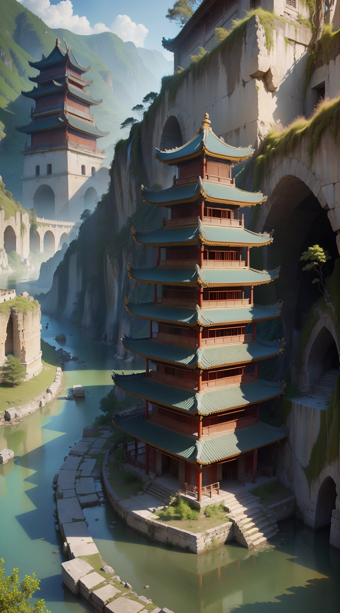 ((ancient buildings of China, bru), Multiple seats, 8k ultra high definition, Extra-long viewing angle, gully, Super water light blue, Blue skies)