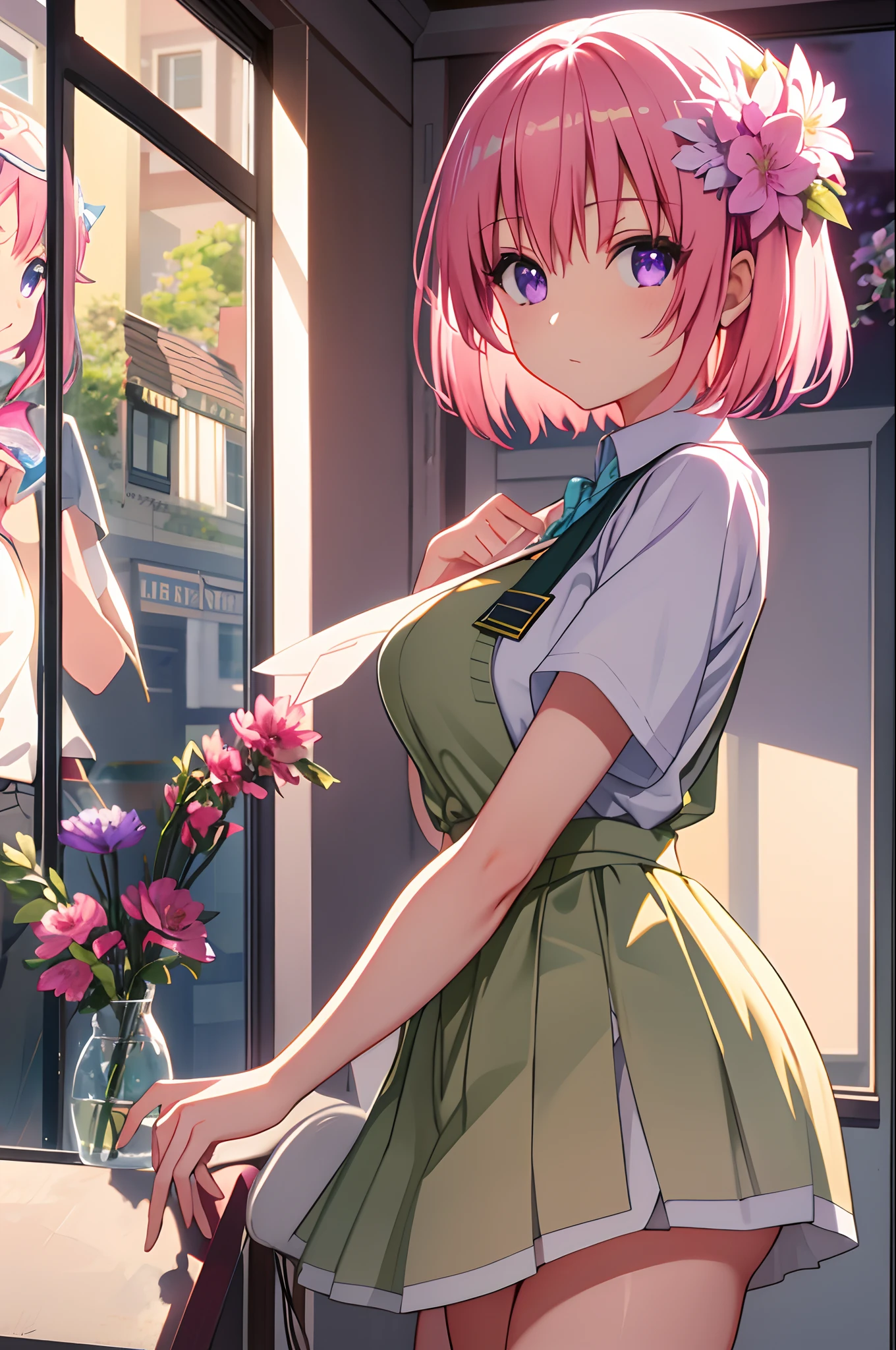 ph momo, momohd, phmomo, solo, 1girl, pink hair, purple eyes, short hair, hair flower, masterpiece, best quality, highres, 1girl, solo, pressing boobs against glass