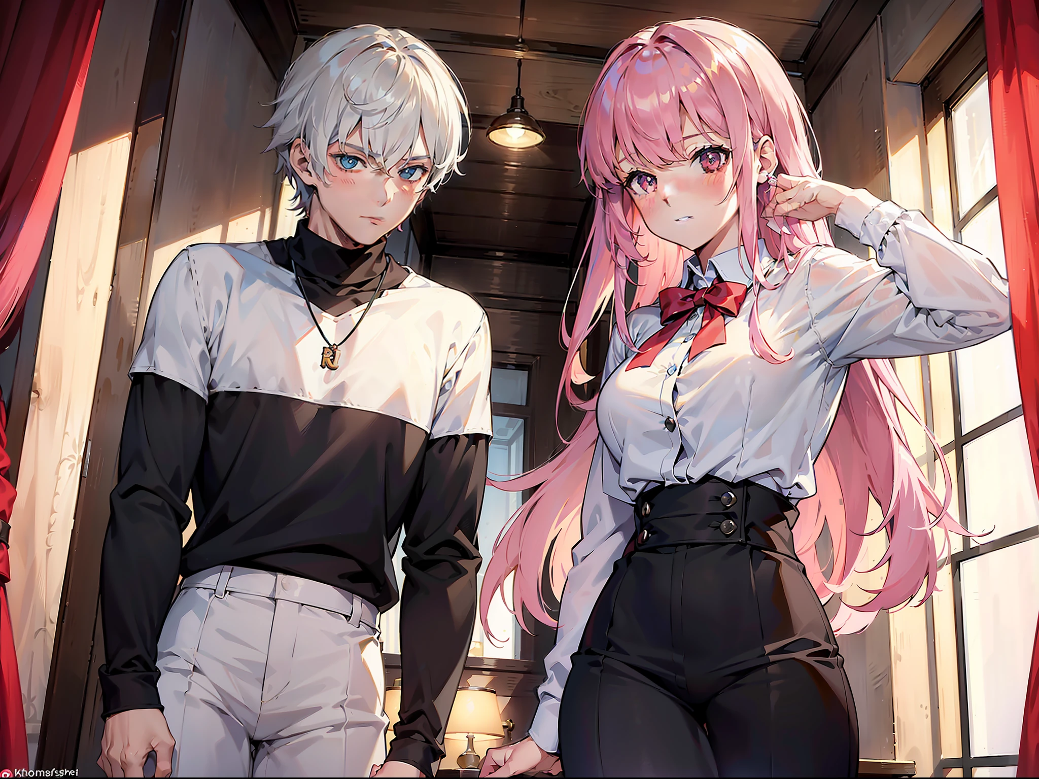 Prompt generation：

Character 1: "(((Best quality))),(((Ultra detailed))),(((Masterpiece))),illustration,"1boy, Handsome, with short white hair, Chiseled facial features, Expression of distress, Blushing and shy, with short white hair, Attractive appearance, Black casual wear, Simple and stylish, In university dormitories, Valentine's Day atmosphere, Dialogue with Gawain.

Character 2: "(((Best quality))),(((Ultra detailed))),(((Masterpiece))),illustration,"1girll, Beautiful and cute, Long straight pink hair, Expressions of surprise and anger, Pink Long Hair, wide-eyed, Blushing, Wearing a pink school uniform, In a corner or room on campus, making a phone call.



About the scene where I had a conversation with my mother，I'll create the corresponding prompt for you：

Scenes: "(((Best quality))),(((Ultra detailed))),(((Masterpiece))),illustration," My conversation with my mom.